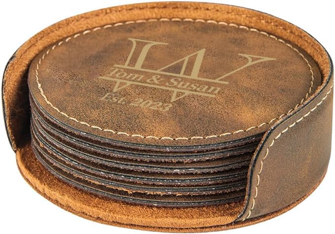 Custom Leather Coasters Set of 6 - Wedding & Anniversary Gifts for Couples - Rustic Gold Drink Coasters for Home & Bar Use