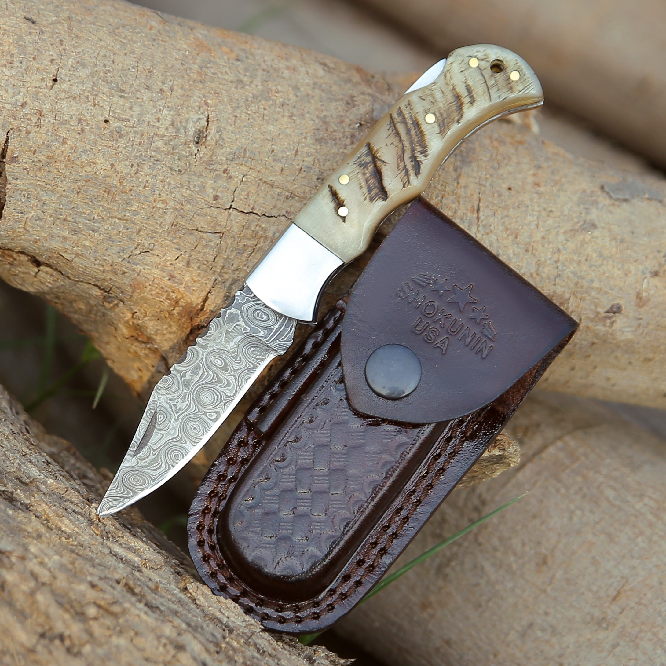 Premium Damascus Steel Pocket Knife with Exotic Ram Horn Handle & Leather Sheath - Perfect for Camping, Hunting, and Outdoor Adventures