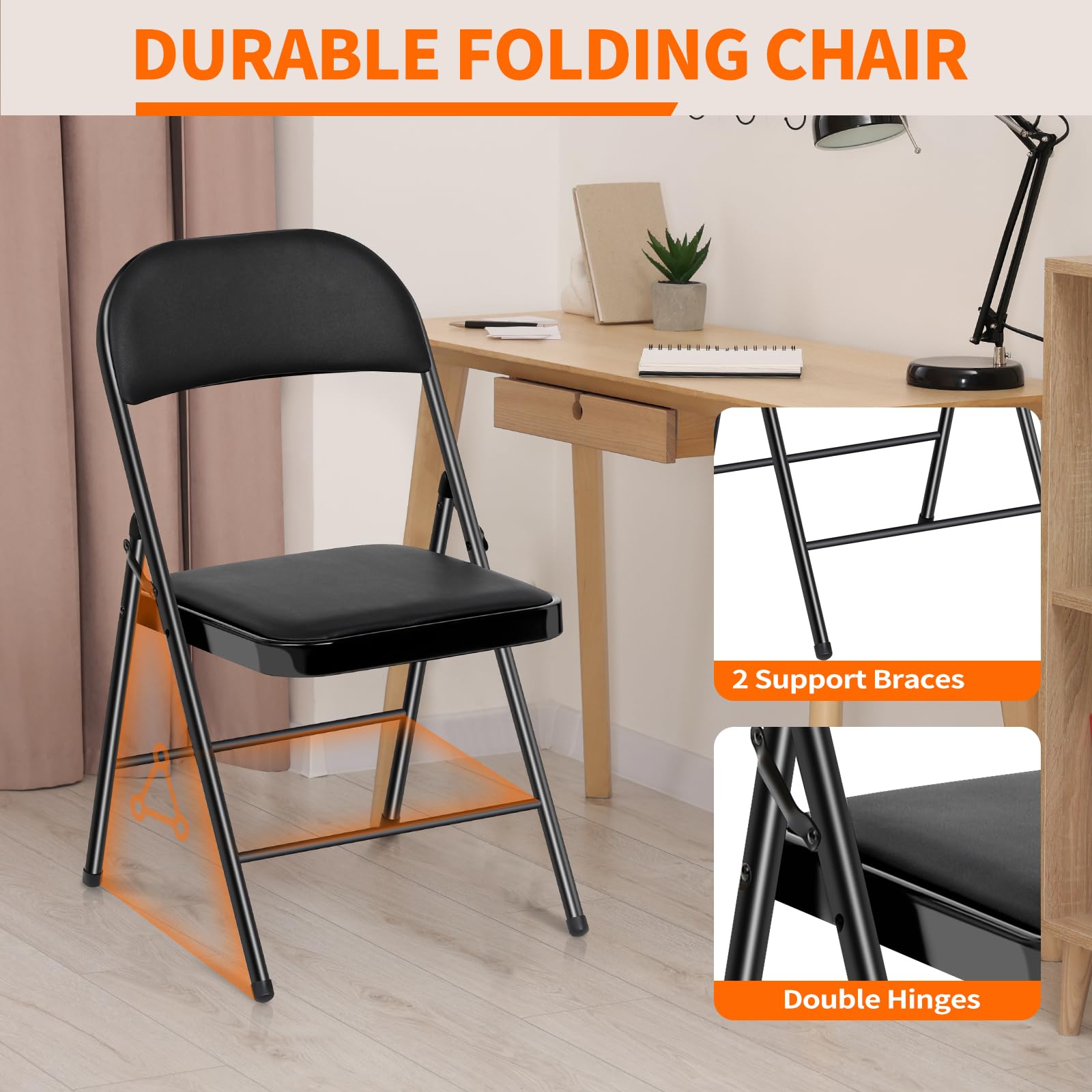 6 Pack Heavy Duty Folding Chairs with Padded Seats - 450lb Capacity Steel Frame for Home, Office, Parties, Weddings & Outdoor Events (Black, Set of 6) - Perfect for BBQs, Camping, Picnics & Temporary Seating