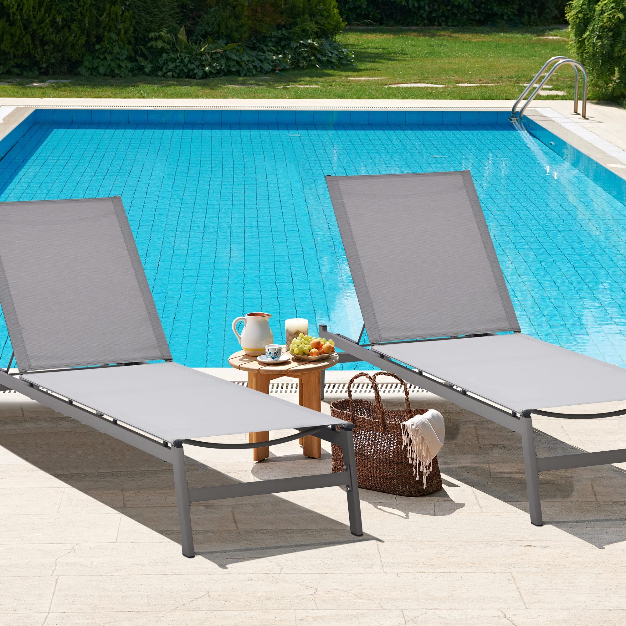 HAPPATIO Patio Chaise Lounge Chair - Breathable Textilene Fabric, All-Weather Outdoor Recliner for Poolside, Beach & Backyard (Light Gray) - Perfect for Sunbathing, Relaxing & Outdoor Lounging