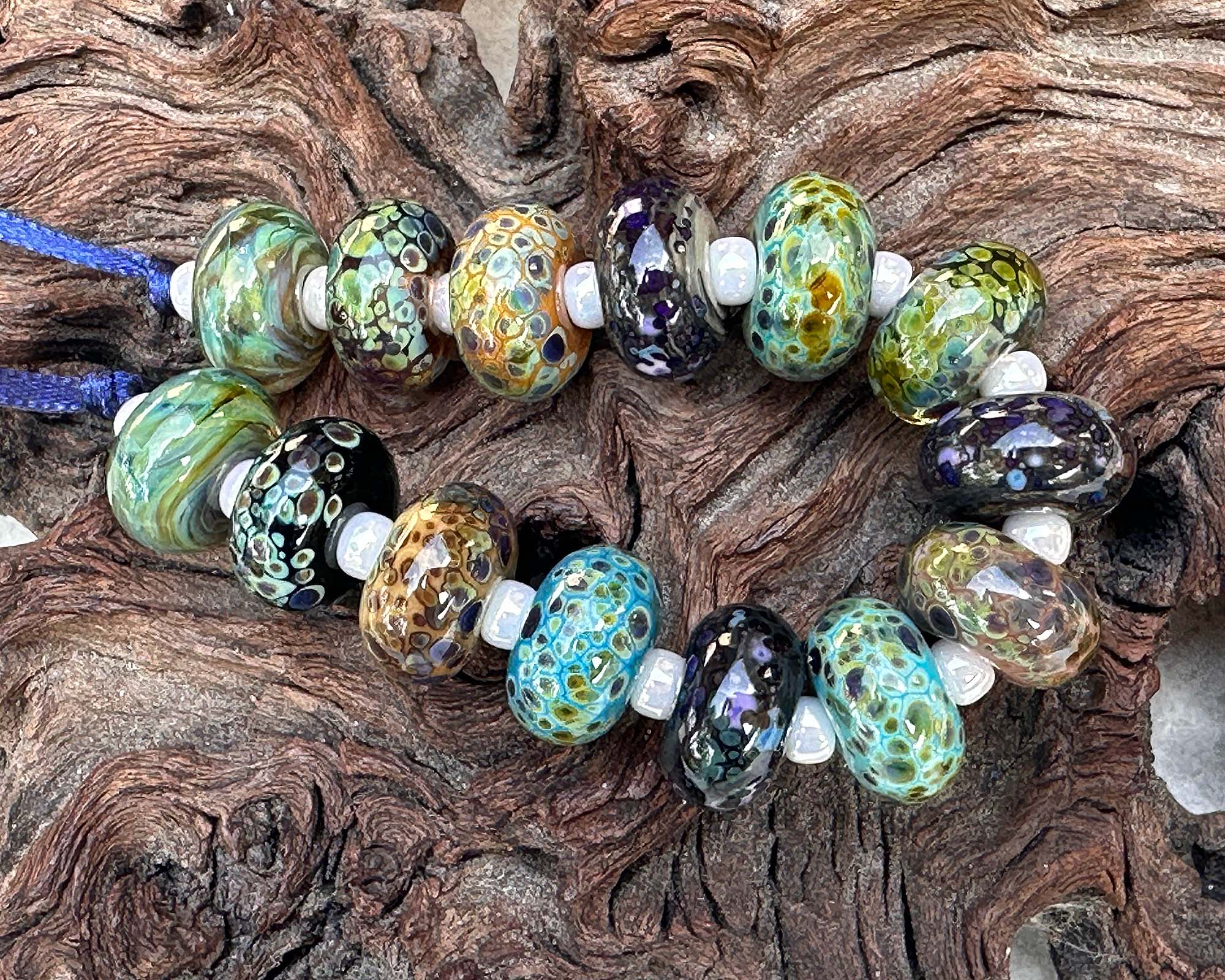 14pcs Blue Green Organic Mix Lampwork Glass Beads Set for Jewelry Making - DIY Bracelets, Necklaces & Craft Projects