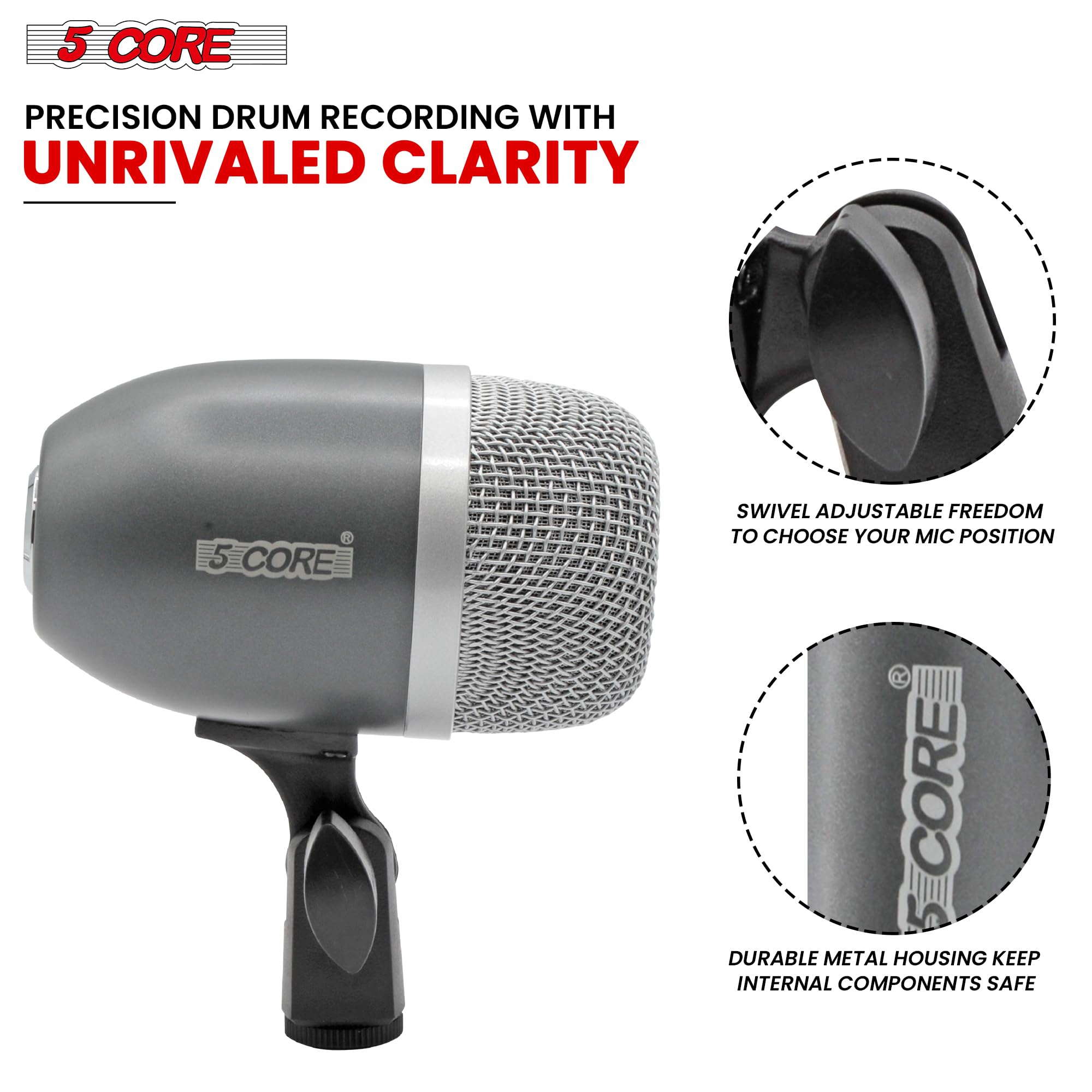 5 CORE Drum Microphone - High Sensitivity Snare & Tom Instrument Mic with Dynamic Moving Coil, Uni-Directional Pickup, Swivel Mount & Durable Steel Mesh Grille - Perfect for Live Performances, Studio Recording & Drum Kits (Grey)