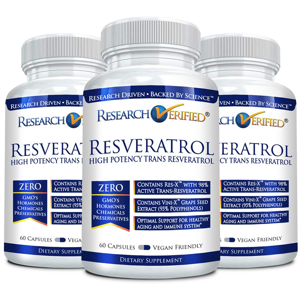 Research Verified Resveratrol 1000mg - 98% Pure Trans-Resveratrol Supplement for Anti-Aging & Cellular Health - 60 Capsules per Bottle (3-Pack) - Supports Heart Health, Longevity & Skin Radiance - Perfect for Daily Wellness Routine & Anti-Aging Regimen