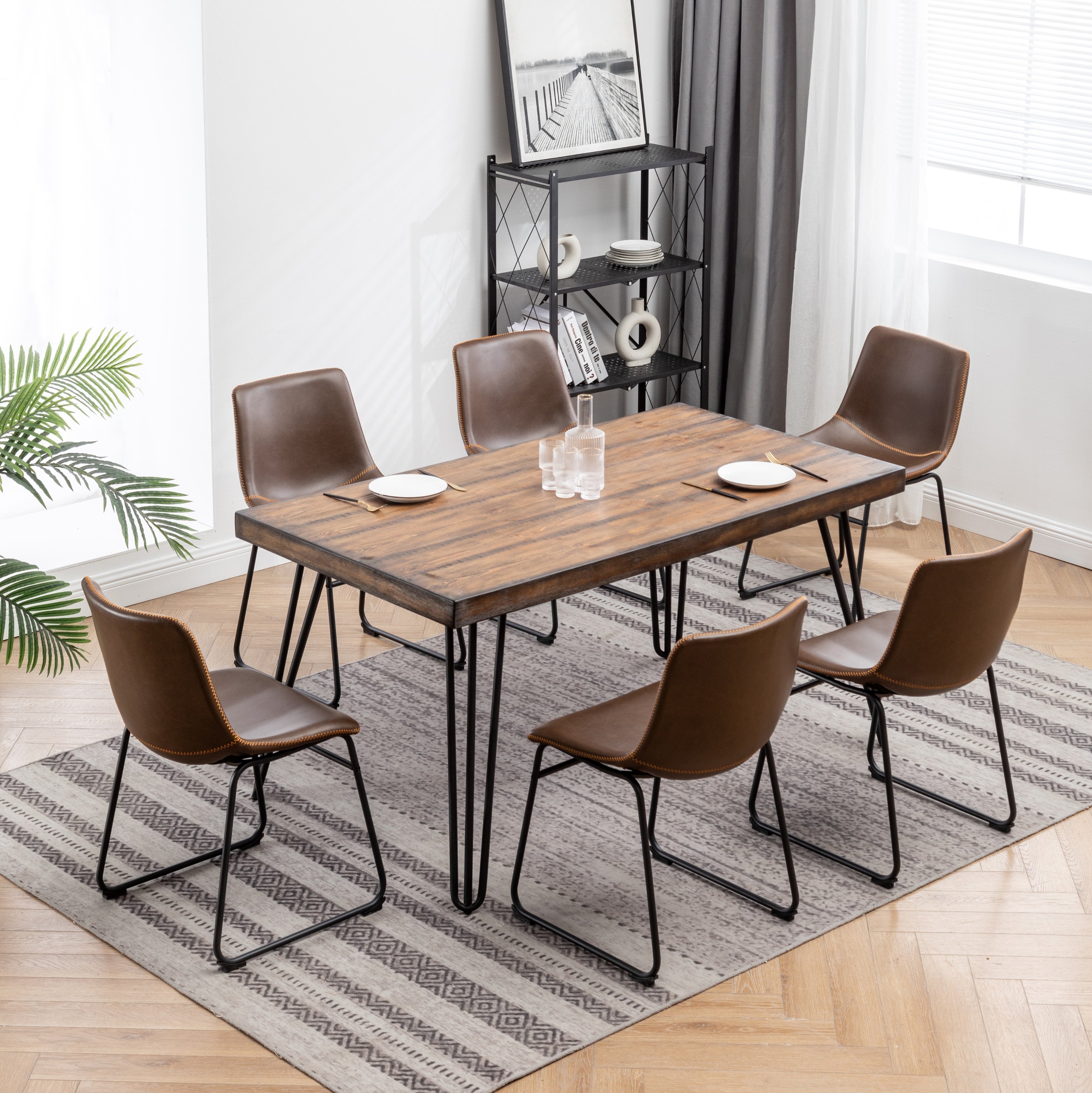 Roundhill Furniture Aryven 7-Piece Industrial Dining Set - Rustic Dark Pine Table & 6 Faux Leather Chairs for Kitchen, Dining Room & Restaurant Decor