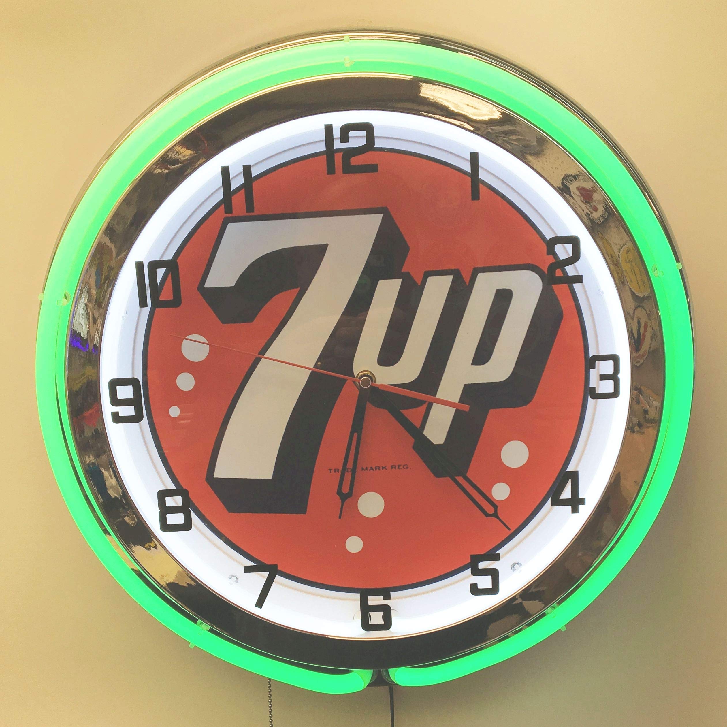 Vintage 19-Inch 7 UP Neon Clock with Double Neon Tubes - Green Outer Glow for Retro Home Bar, Diner, or Man Cave Decor