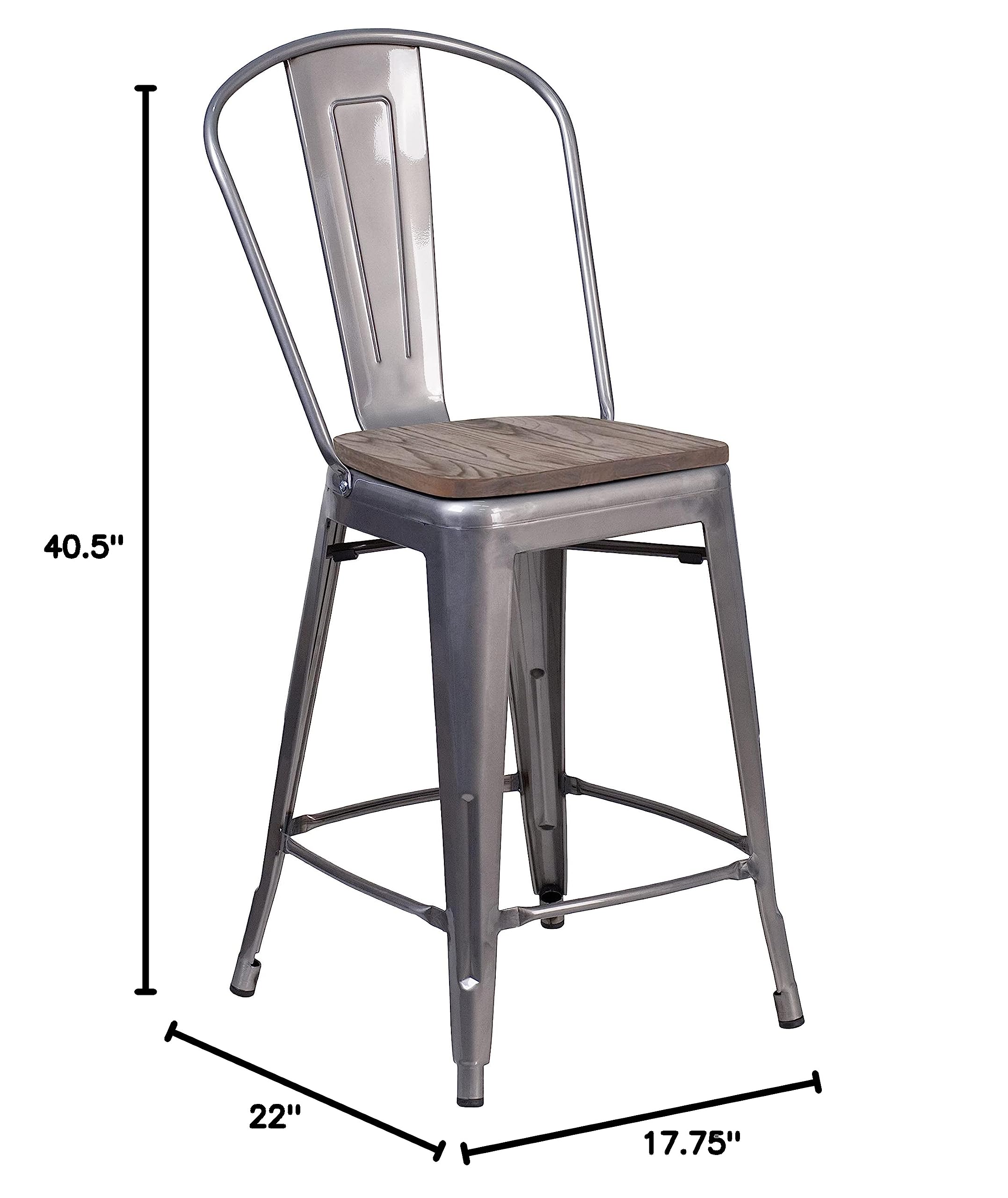 EMMA + OLIVER 24 Inch H Clear Coated Counter Height Bar Stool with Back Support & Wood Seat - Perfect for Kitchen Islands, Breakfast Bars & Home Dining Areas