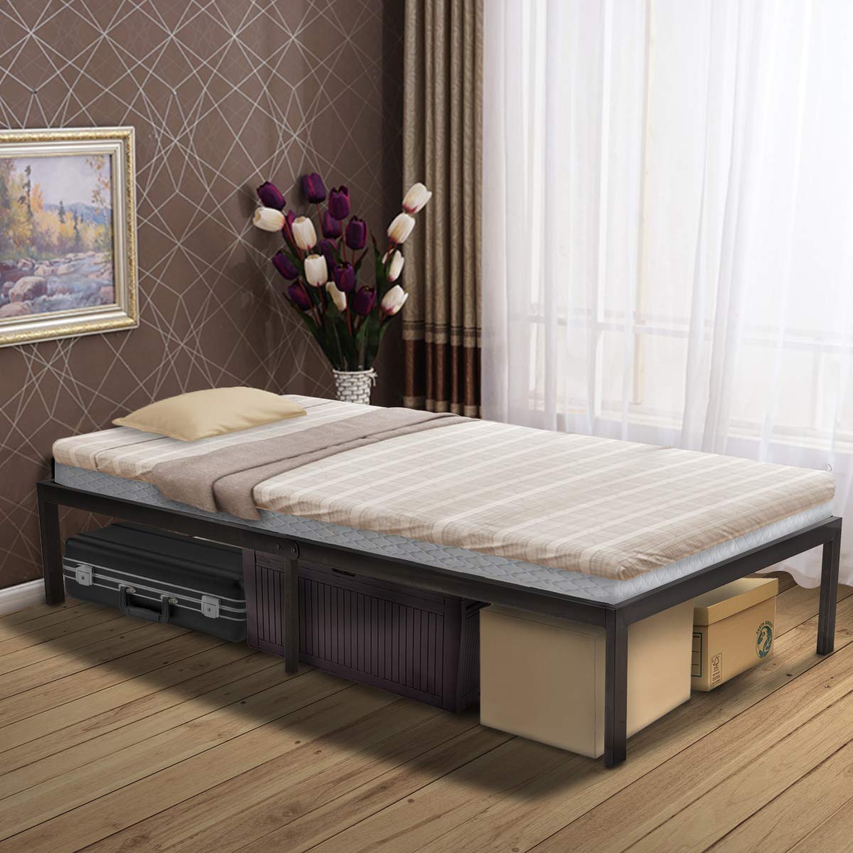 14 Inch Twin Bed Frame with Storage - Heavy Duty Metal Platform Bed, No Box Spring Needed, Steel Slats & Anti-Slip Support - Easy Quick Lock Assembly for Small Spaces, Guest Rooms & Kids Bedrooms