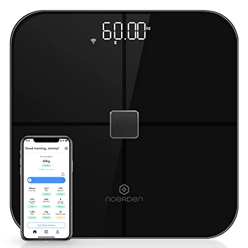 NOERDEN SENSORI Smart Body Scale - Bluetooth & Wi-Fi Digital Bathroom Scale with Heart Rate Monitor, BIA Technology, ITO Conductor, LED Display & Tempered Glass Platform - Perfect for Home Gym, Weight Loss Tracking & Health Monitoring (Black)