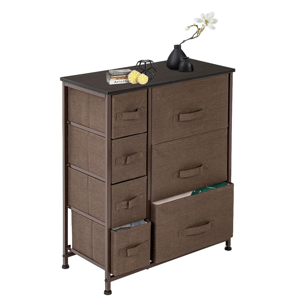 7-Drawer Dresser with Steel Frame & Wood Top - Sturdy Storage Tower for Bedroom, Hallway, Closet & Office Organization - Easy Pull Fabric Bins in Brown | Perfect for Small Spaces & Home Organization Needs