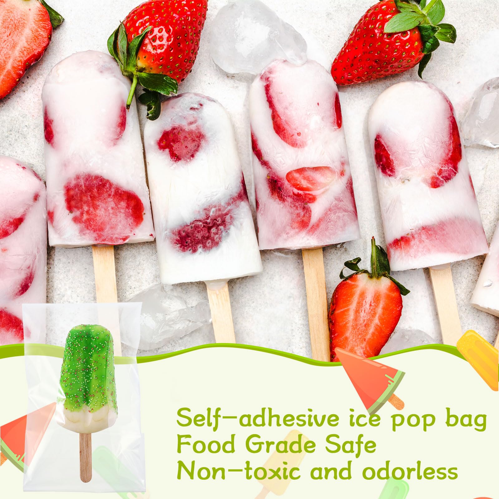 400 Pcs Ice Cream Sticks & Bags Kit - 300 Self-Adhesive Clear Pop Bags + 100 Wooden Sticks for DIY Ice Cream, Summer Parties & Frozen Treats | Perfect for Dessert Making, School Events & Birthday Celebrations