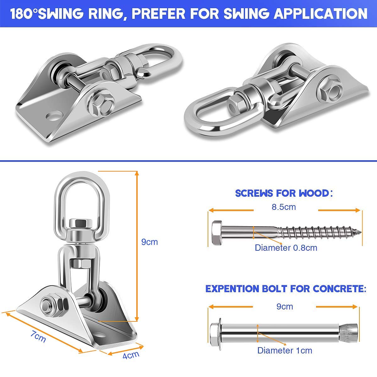 Heavy Duty Swing Hangers - 1000 LB Capacity SUS 304 Steel Suspension Hooks with 360° Rotation - 2 Pack for Playground, Porch, Yoga, Hammock, Chair & Sandbag Swing Sets - Indoor & Outdoor Use