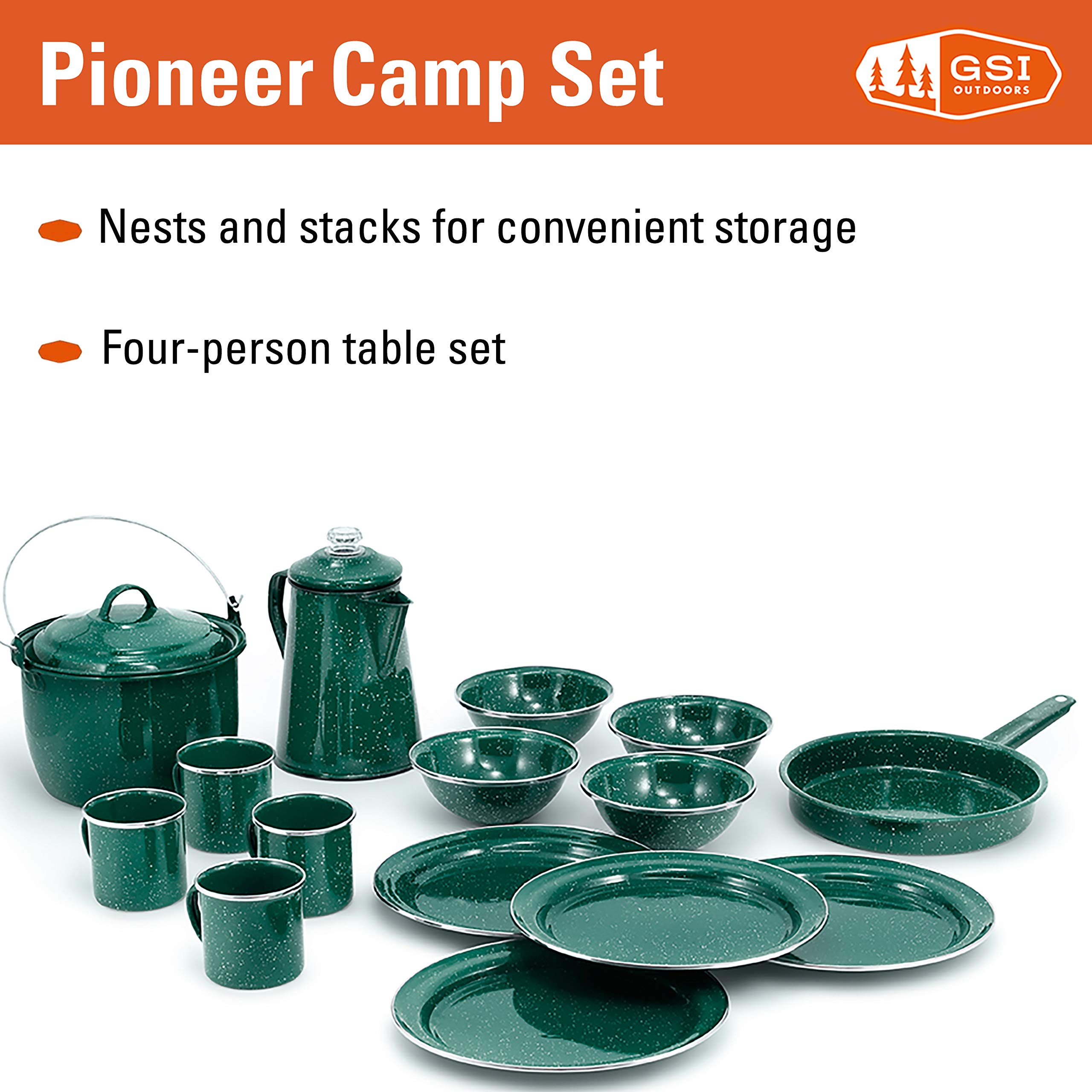 GSI Outdoors Camp Dinnerware Set - 4-Person Camping Cookware Kit with Enamel Percolator, Fry Pan, Kettle, Bowls, Plates & Mugs for Outdoor Cooking, Picnics & Backpacking Adventures