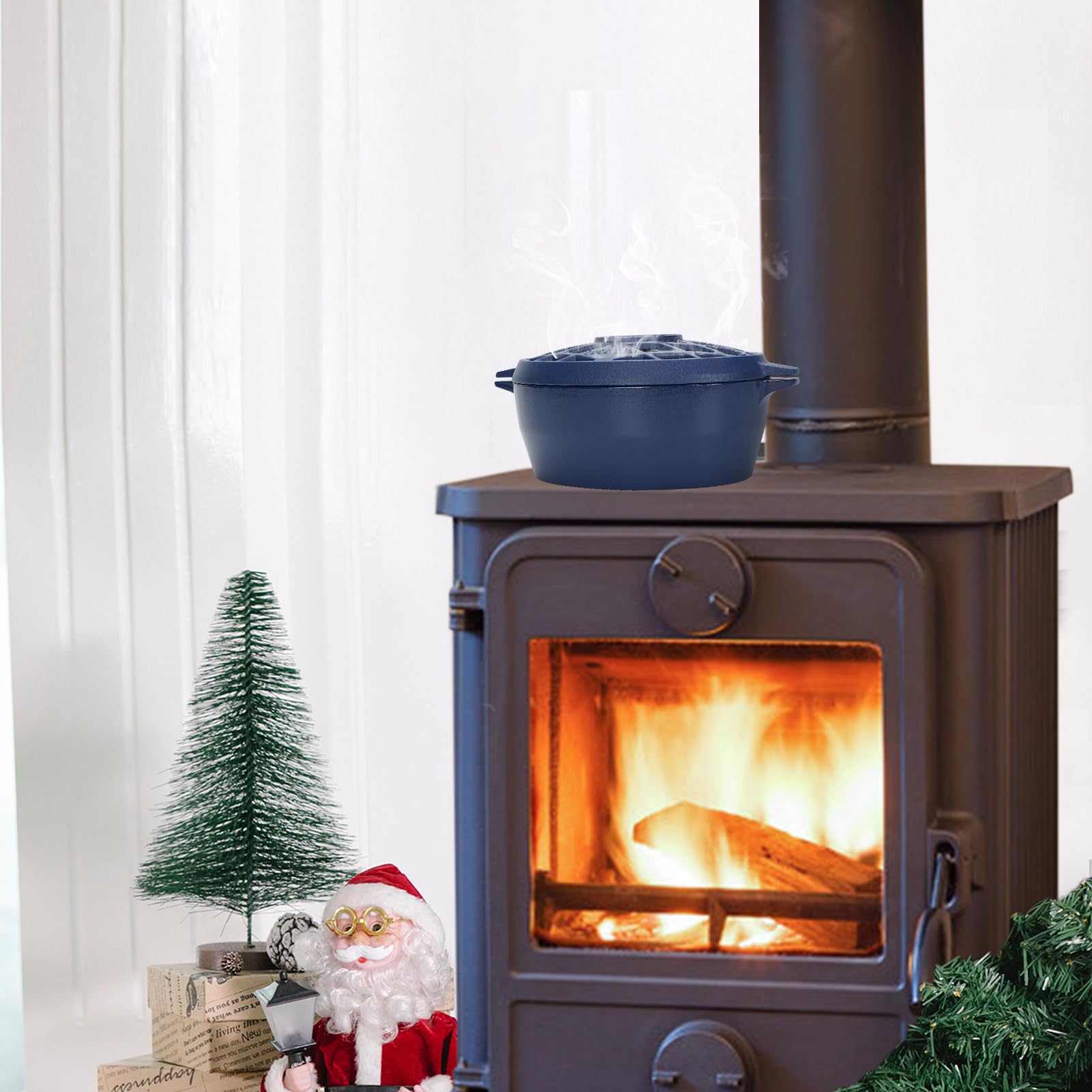 Premium Cast Iron Wood Stove Steamer & Fireplace Humidifier - 2.5 Quart Capacity, Rust-Resistant Matte Blue Finish with Lattice Top - Perfect for Indoor Wood Burning Stoves & Cozy Winter Home Decor