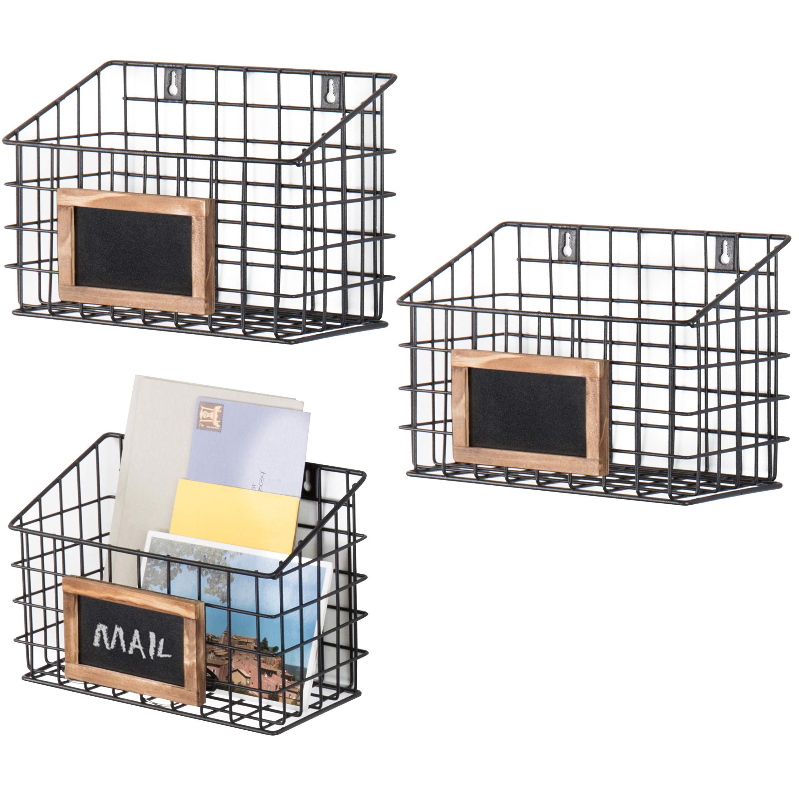 MyGift 10 Inch Wall Mounted Matte Black Metal Wire Storage Baskets with Chalkboard Labels - Set of 3 Small Hanging Organizer Bins for Home, Entryway, Kitchen Pantry & Closet Organization - Perfect for Storing Spices, Keys, Mail & Small Essentials