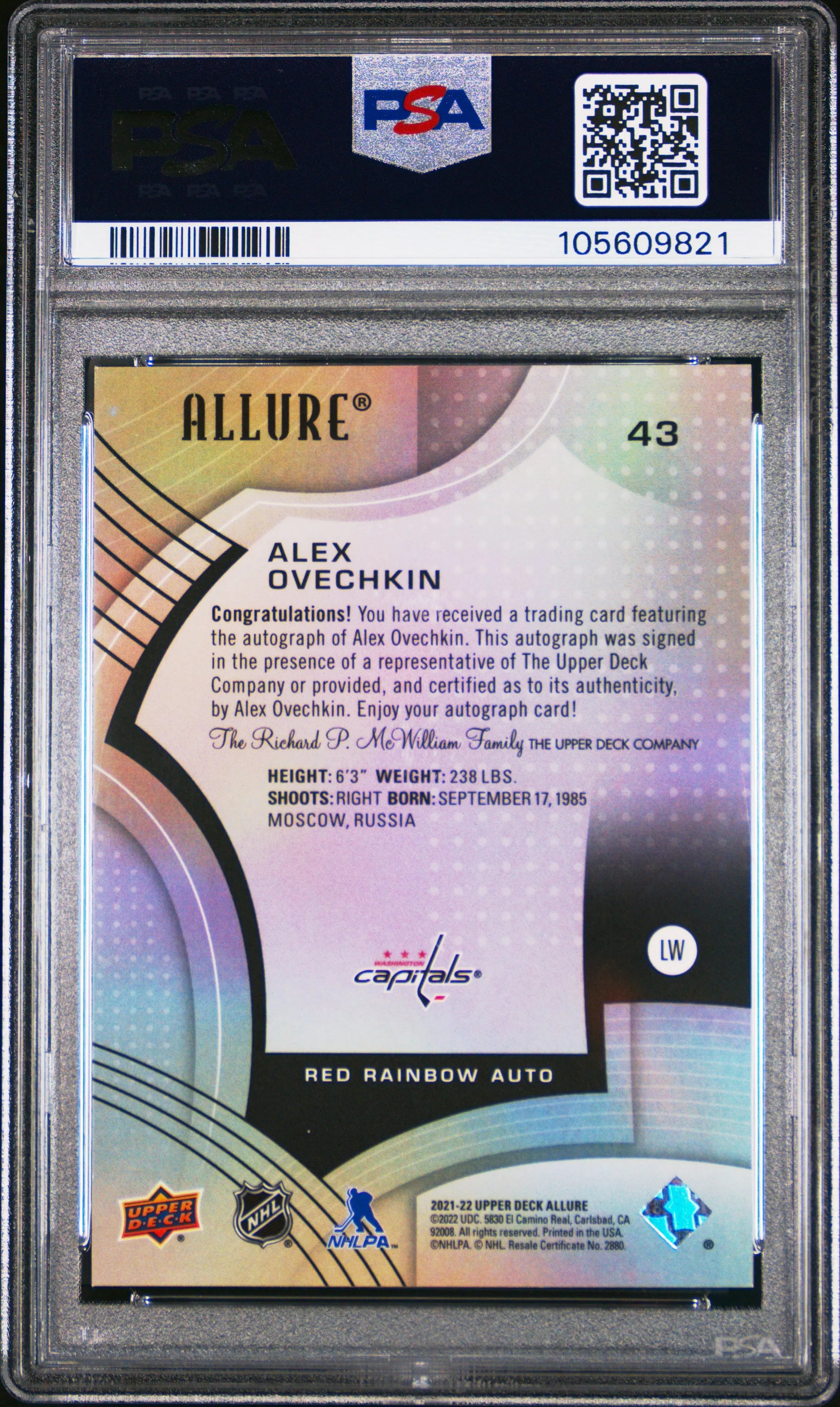 2021 Upper Deck Allure Alex Ovechkin #43 Red Rainbow Autograph PSA 10 - Rare Hockey Trading Card for Collectors & Investors - Perfect for Display, Gifts, and Sports Memorabilia Collections