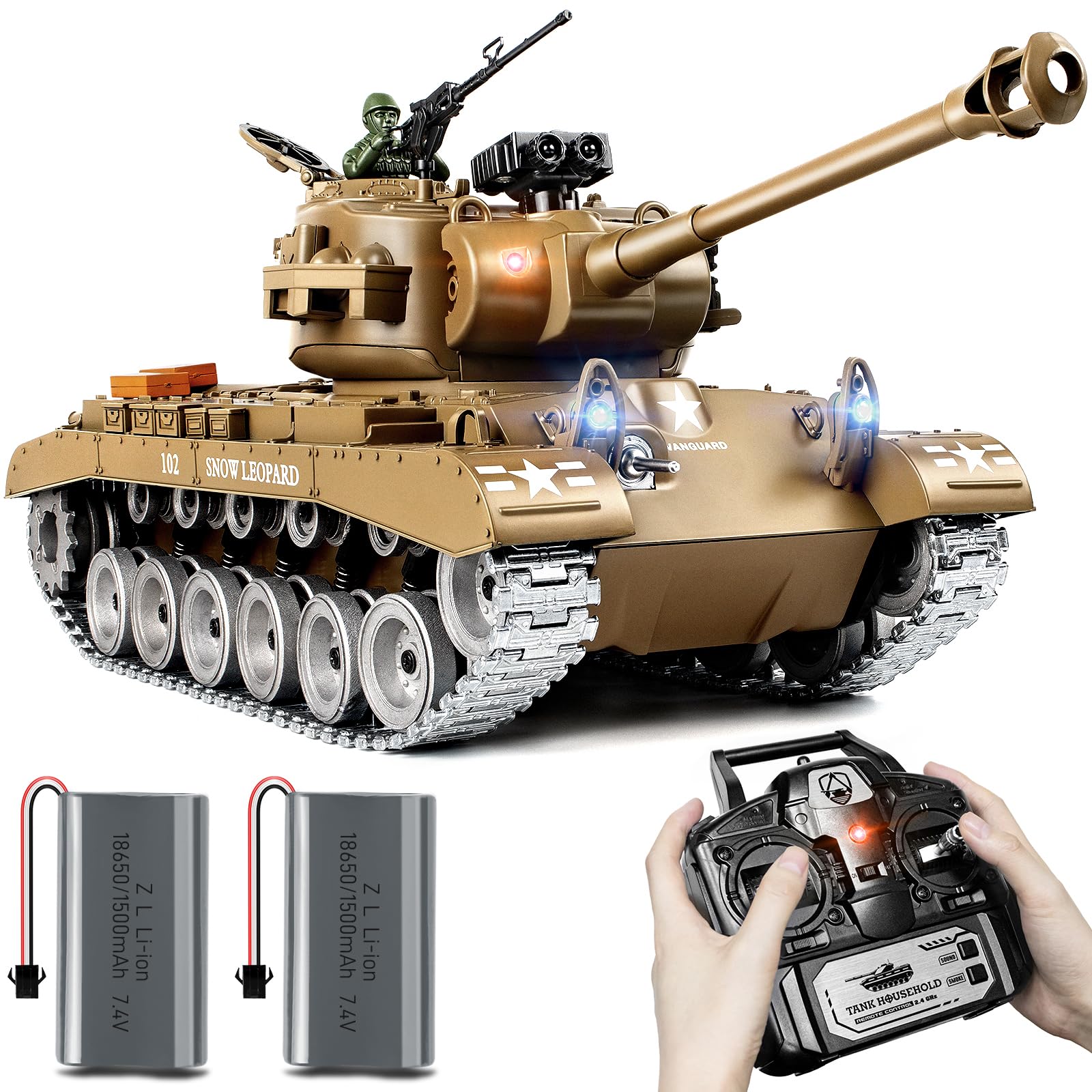 1:18 Scale US M26 Pershing RC Tank - 2.4Ghz Remote Control Military Toy with BB Shooting, Water Bombs, Smoke, Sound & Recoil Effects - Realistic Battle Tank for Adults & Kids | Outdoor Play, Collection Display, War Simulation