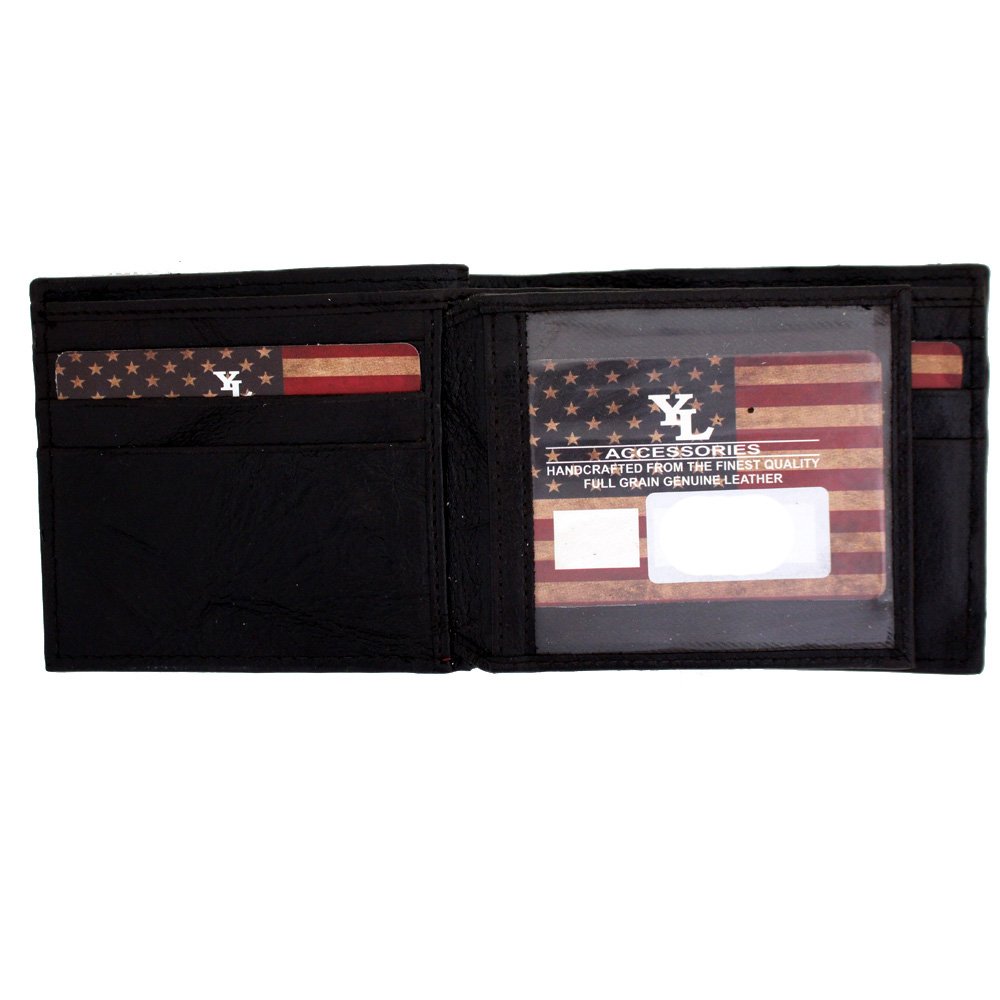 Genuine Black Leather Bifold Wallet for Men - American Flag & Motorcycle Design - Perfect for Everyday Use, Travel & Outdoor Adventures