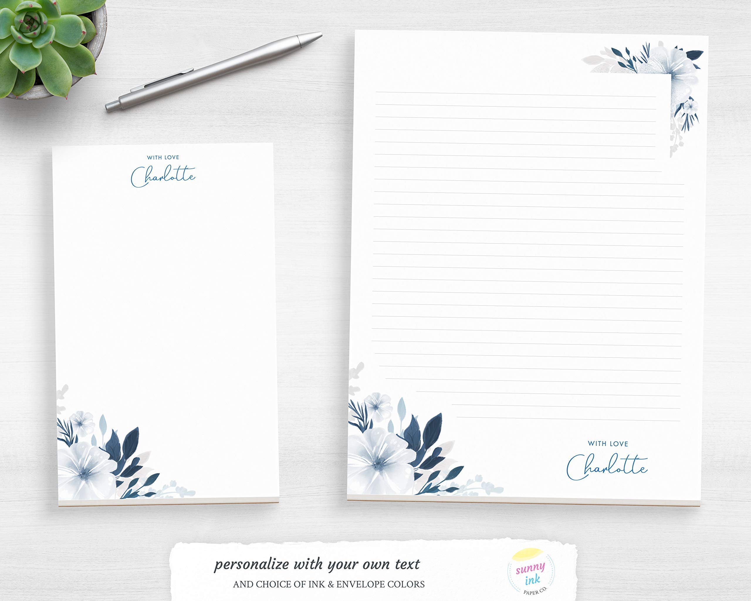 Custom Watercolor Floral Notepad - Personalized Blue Floral Desk Pad for Office, Journaling & Gift Giving