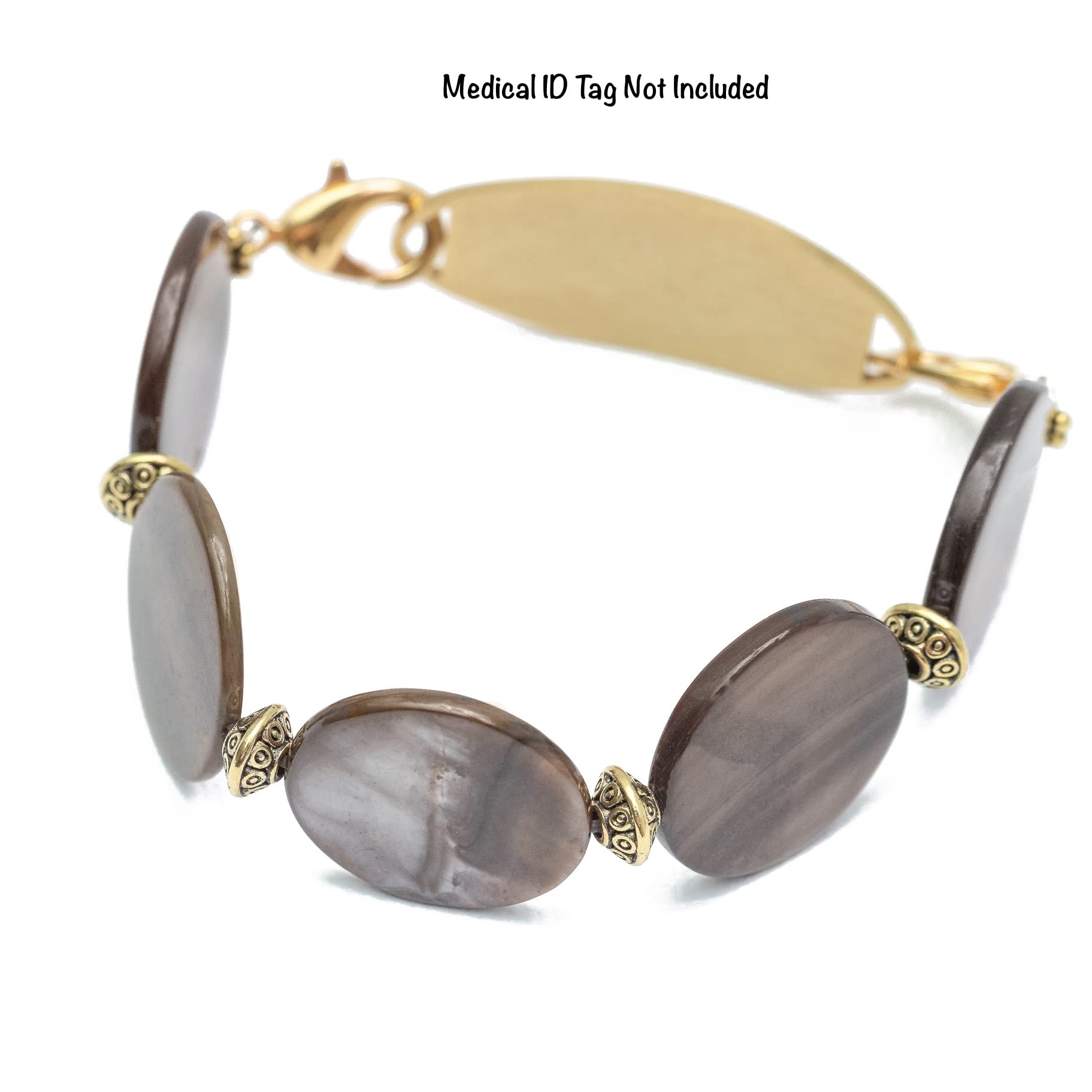 Gold Tone Stretch Medical Alert Bracelet - Interchangeable Replacement ID Bracelet (Coffee Bean/Mocha Brown) | Custom Sizing Available | Perfect for Diabetes, Allergies & Emergency Medical Identification