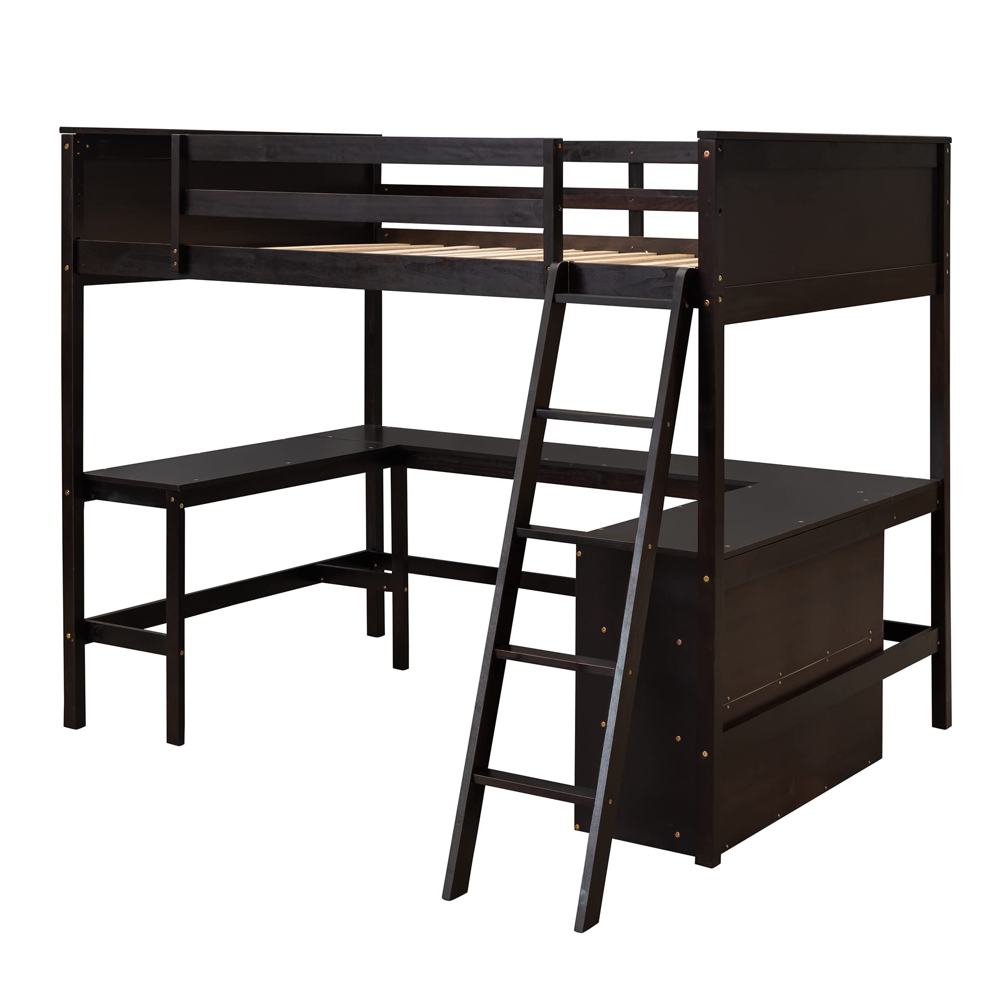 Full Size Loft Bed with Desk & Shelves - Sturdy Wooden Loft Bed with Storage for Kids, Teens & Adults - Espresso Finish - Perfect for Small Bedrooms, Dorms & Studio Apartments