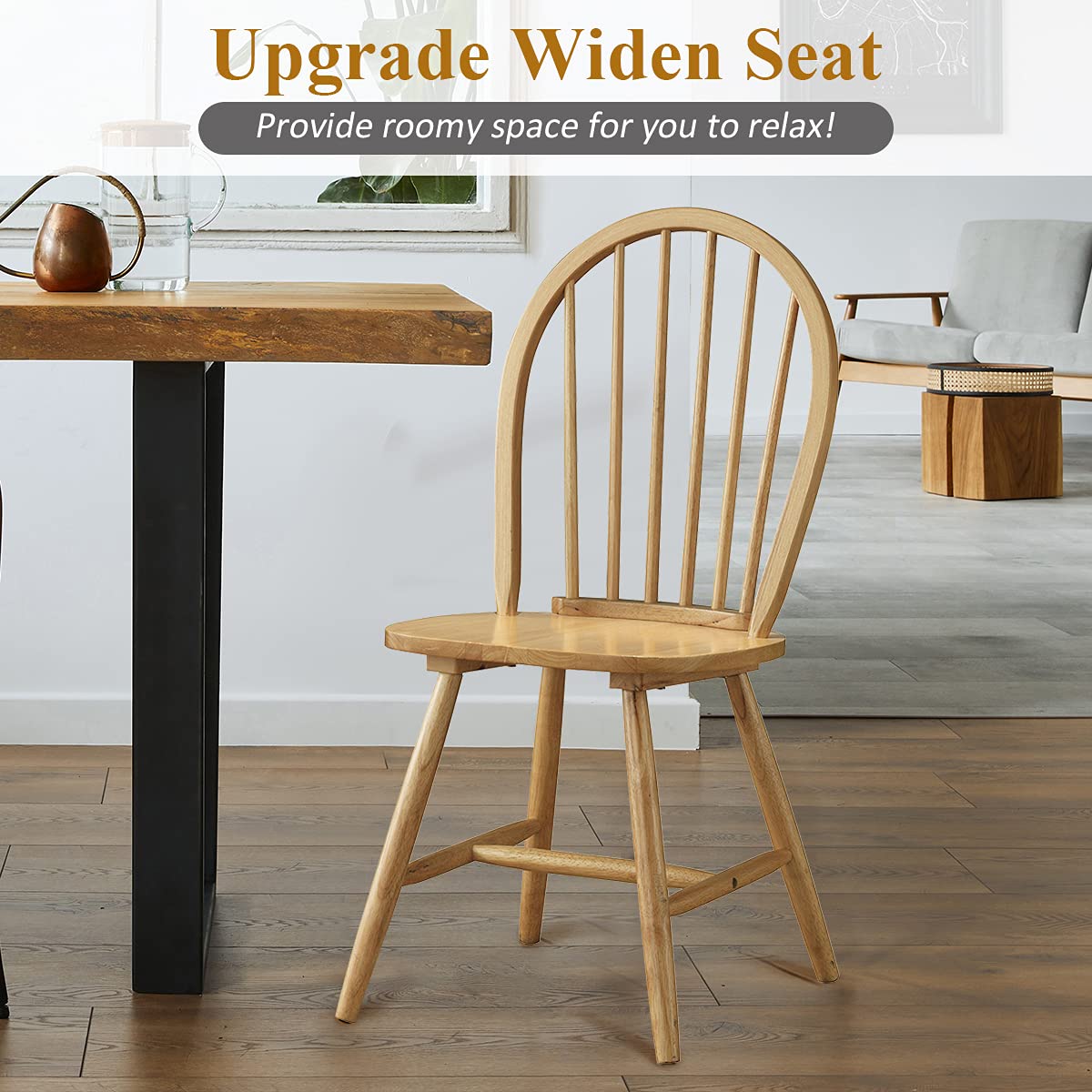 KOTEK Solid Wood Dining Chairs Set of 4 - Natural Windsor Spindle Back Chairs with Wide Seat - Farmhouse Style Side Chairs for Dining Room, Kitchen, Restaurant & Home Decor - Perfect for Family Gatherings, Dinner Parties and Country Style Interior Design