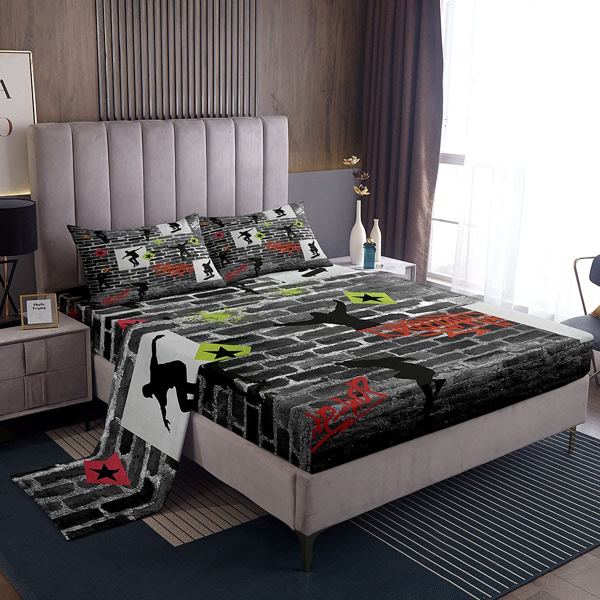 Castle Fairy Skater Boy Full Size Sheet Set - Graffiti Hip Hop Watercolor Design for Kids & Teens - Includes 1 Flat Sheet, 1 Fitted Sheet, 2 Pillowcases - Perfect for Boys & Girls Bedroom Decor, Dorm Room Essentials, and Skateboard Themed Sleepovers