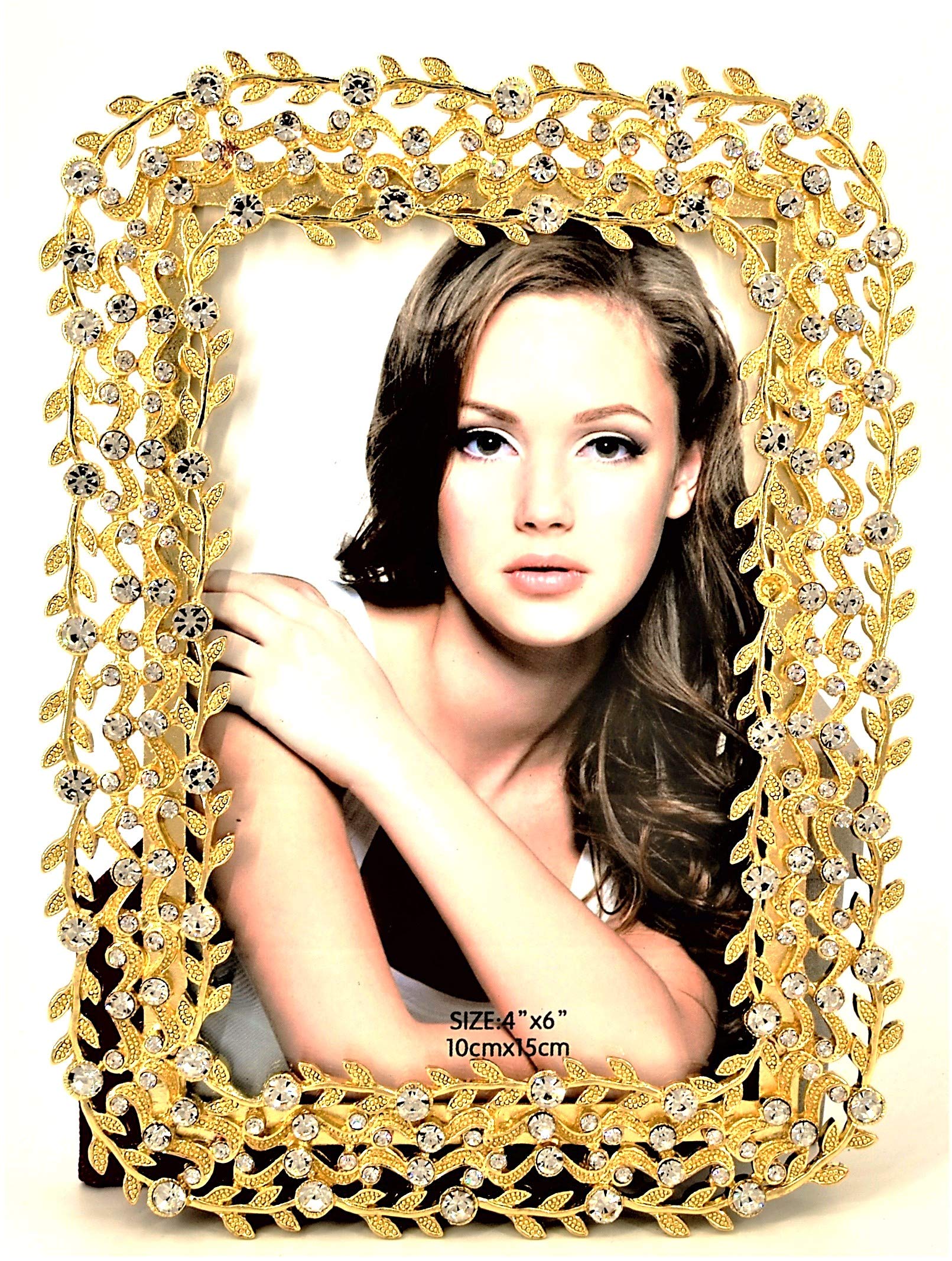 Handmade Vine Picture Frame with Austrian Crystals & Gold Plating - Elegant Wall Decor for Living Room, Bedroom, Wedding & Gift Giving