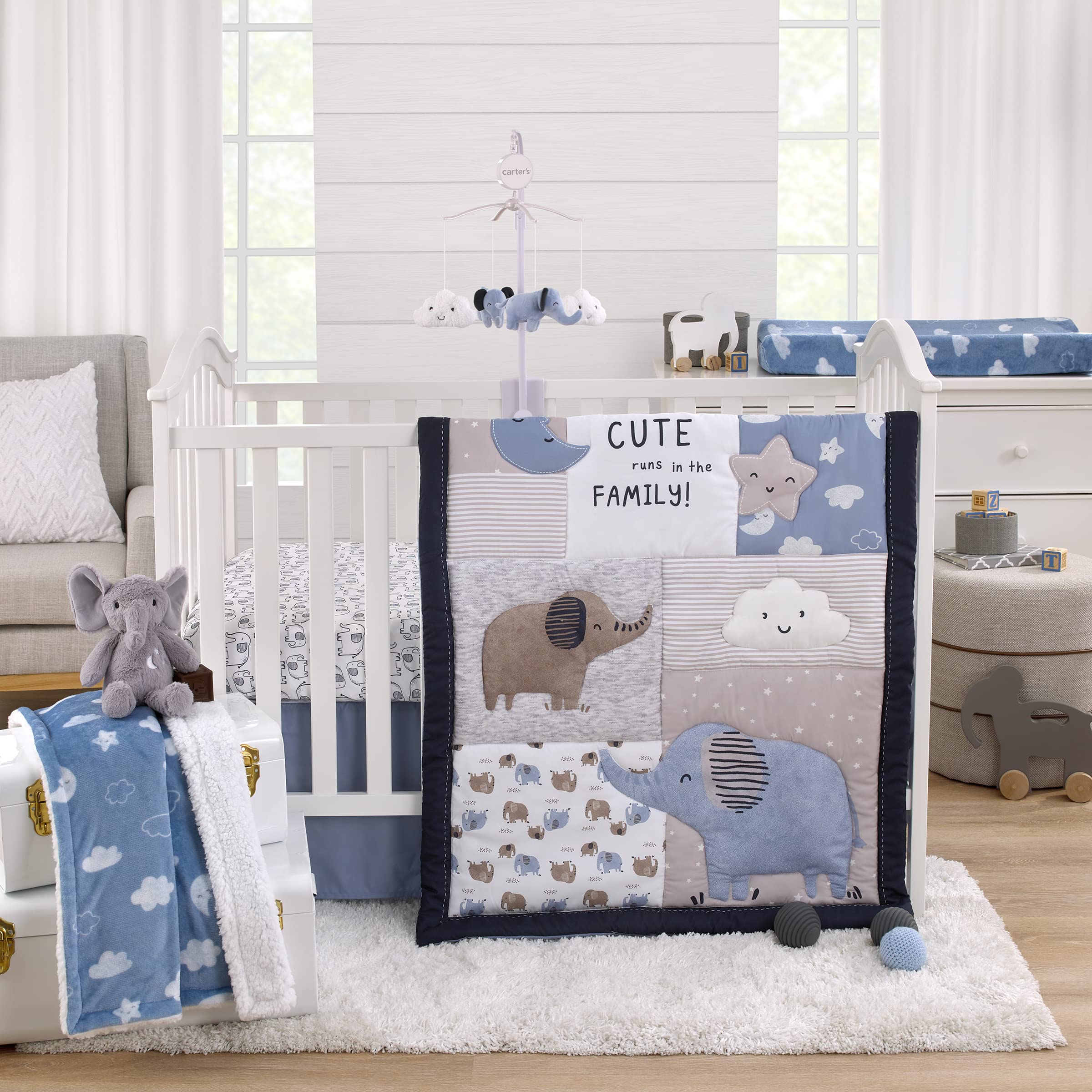 NoJo Carter's Blue Elephant 3-Piece Nursery Crib Bedding Set - Soft Chambray, Navy, Gray & White with Elephant, Moon, Clouds & Stars Design - Includes Comforter, Fitted Sheet & Crib Skirt | Perfect for Baby Shower Gifts & Cozy Nursery Decor