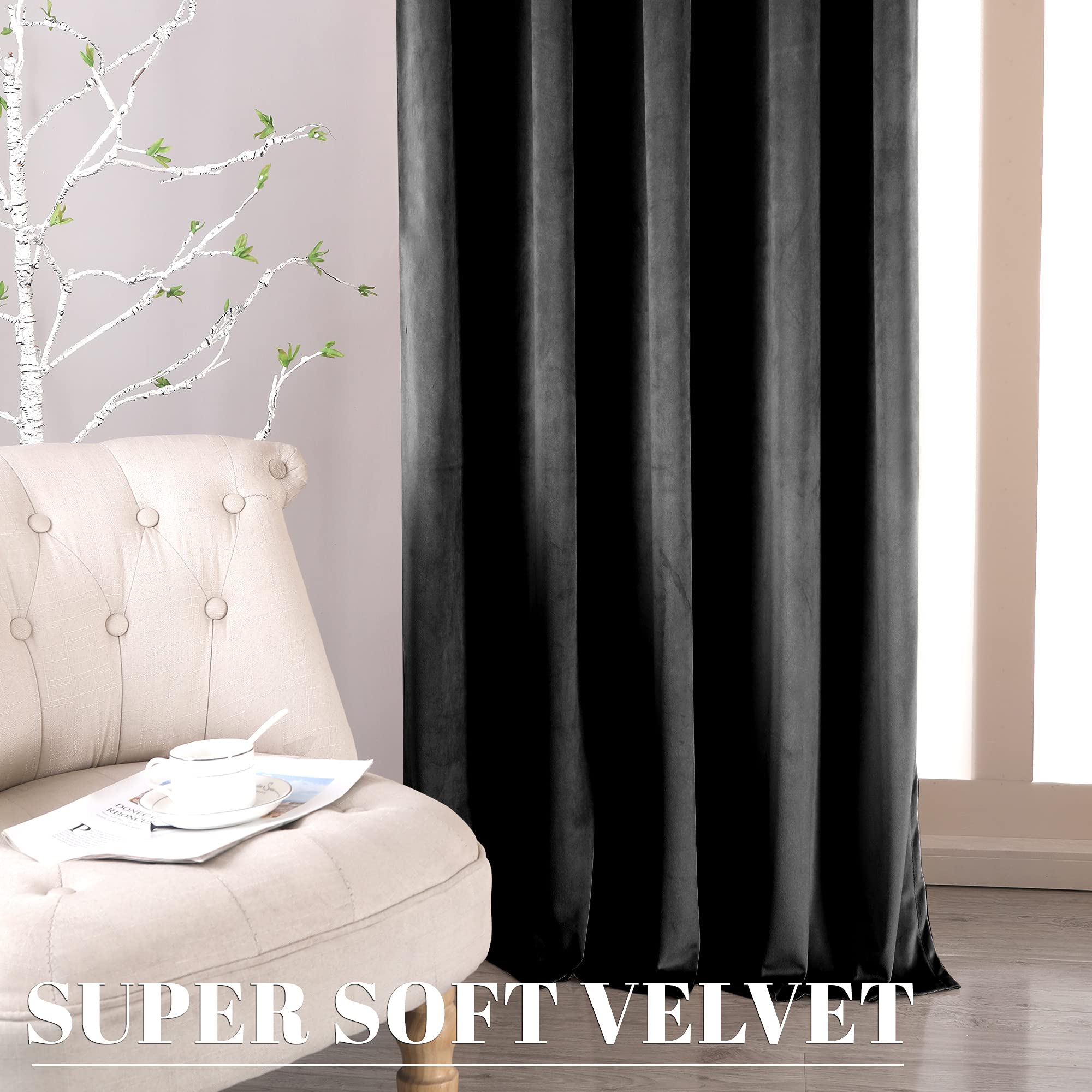 Nanbowang Blackout Velvet Curtains - 96 Inch Long Thermal Insulated Window Drapes with Rod Pocket, Light Blocking Bedroom Curtain Panels (Set of 2) for Home Theater, Nursery & Noise Reduction