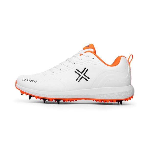 Payntr XPF 22 White & Orange Cricket Batting Shoes - Lightweight Spiked Footwear for Professional Cricket Matches & Training Sessions