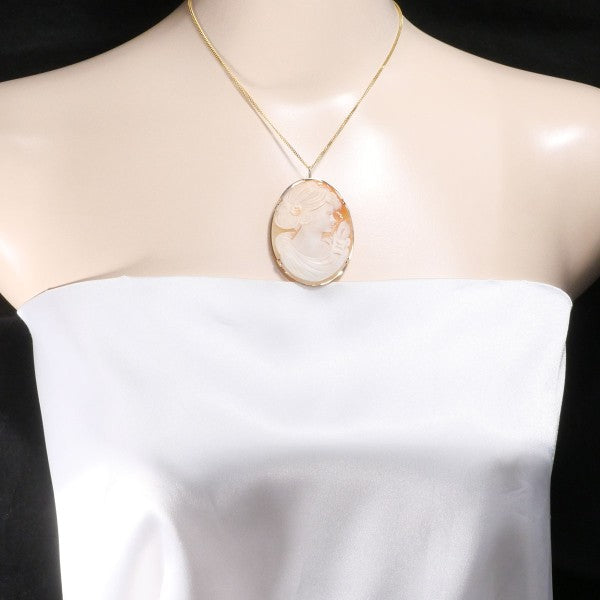 18K Yellow Gold Shell Cameo 2-Way Convertible Necklace & Brooch - Vintage Jewelry for Women, Elegant Gift for Mother's Day, Anniversary & Special Occasions