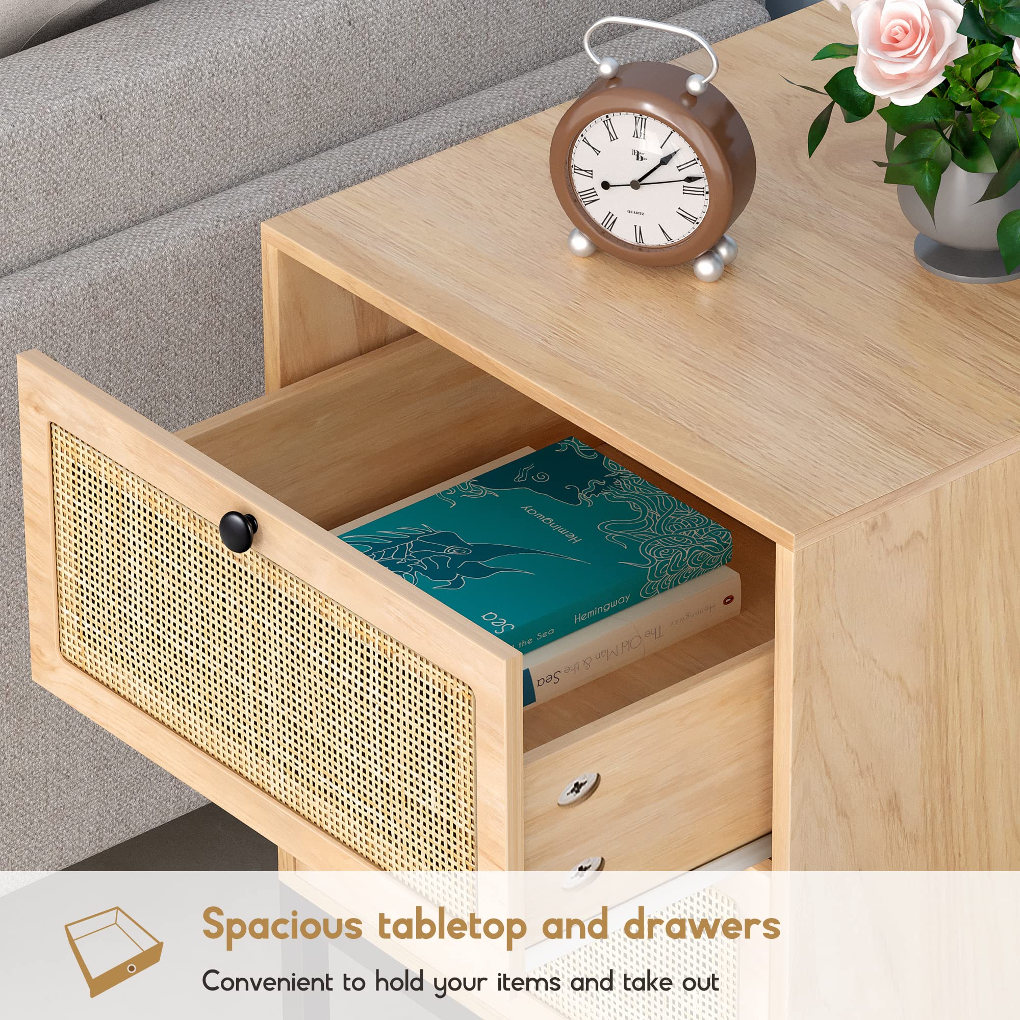 Natural Rattan Nightstand Set of 2 - Boho Bedside Tables with Drawers & Metal Legs, Cane End Tables for Bedroom & Living Room - Perfect for Small Spaces & Home Decor