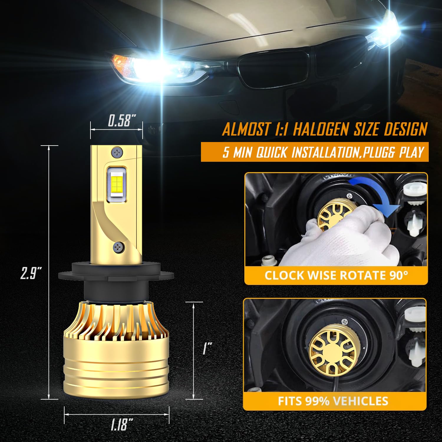 2011-2014 Hyundai Sonata LED Headlight Bulbs Kit - H7 High/Low Beam & H8 Fog Lights - 500% Brighter 6000K White - Plug & Play (6 Pack) - Perfect for Night Driving & Foggy Conditions