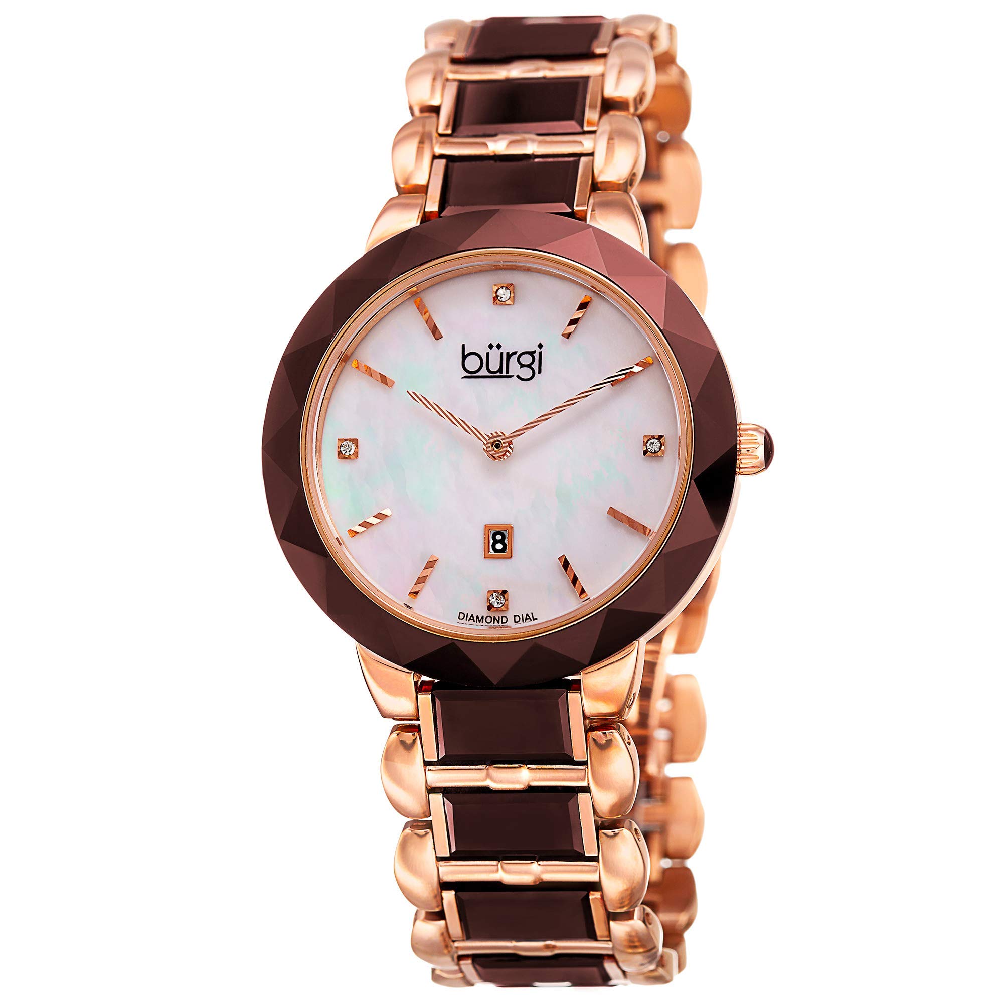 BURGI Women's Diamond Watch - Mother of Pearl Dial, 4 Diamond Hour Markers, Date Window, Ceramic Bracelet (BUR147) | Elegant Dress Watch for Women, Perfect for Business, Party & Special Occasions