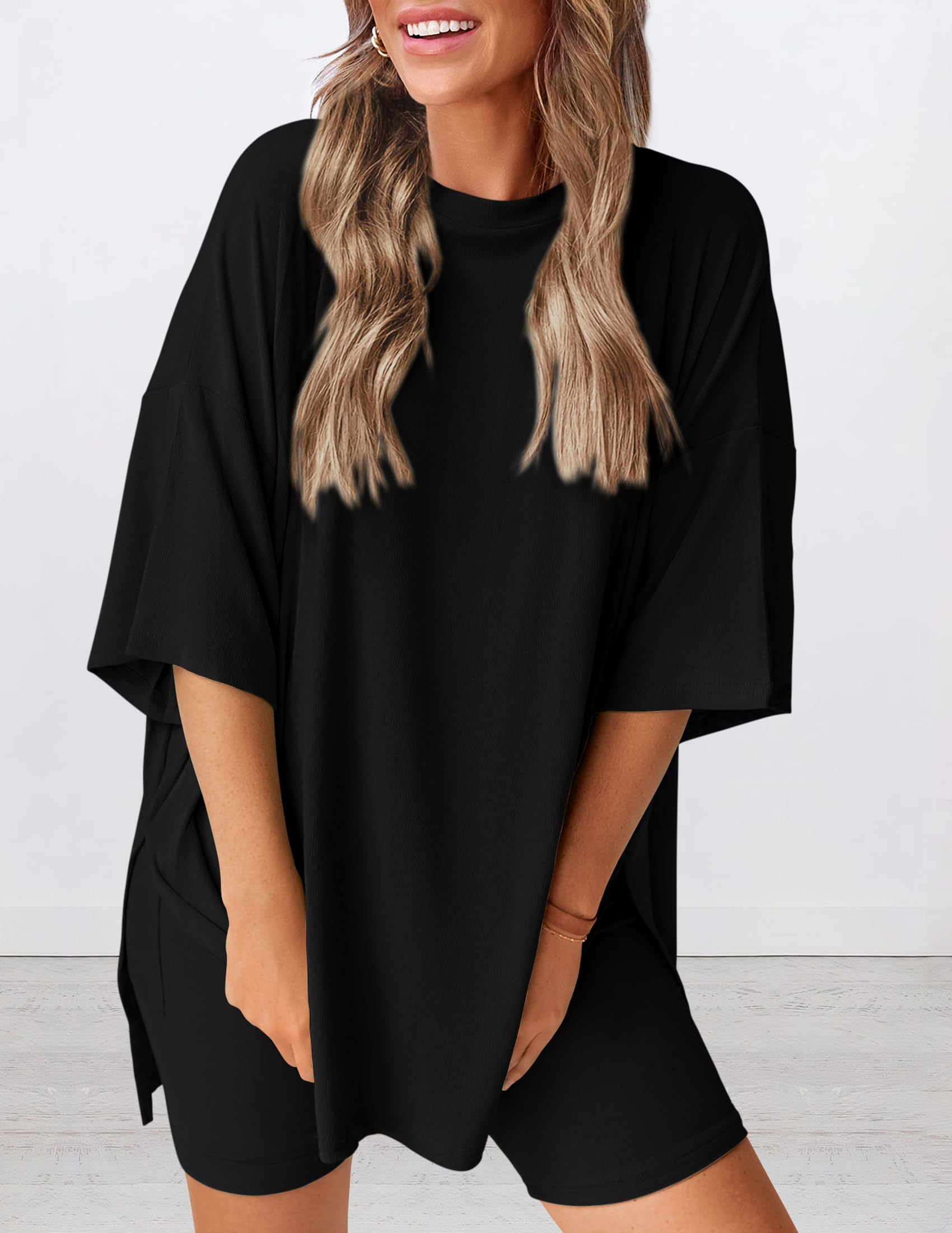 PRETTYGARDEN Women's 2-Piece Lounge Set - Oversized Shirt & Biker Shorts Comfy Matching Outfit for Summer 2025 | Casual Wear, Travel & Airport Outfit