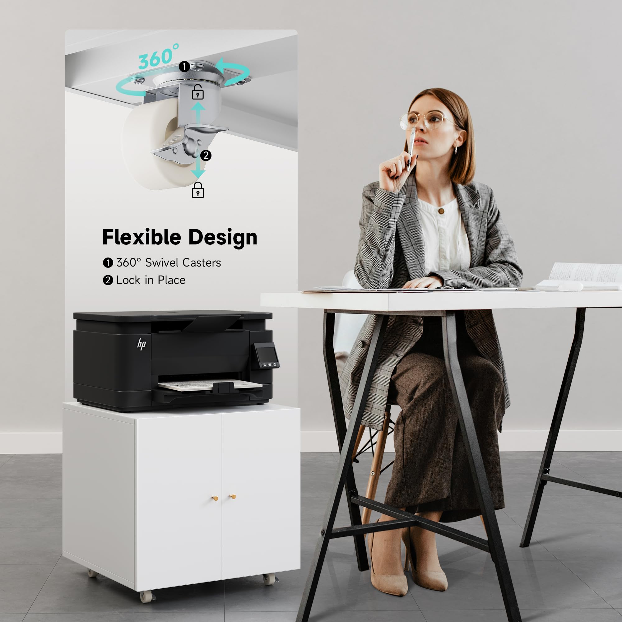 Warmiehomy Metal Printer Stand with Storage - Mobile Printer Table for Small Spaces, Adjustable Shelf & File Cabinet on Wheels - Home Office Organization (White) - Perfect for Compact Workspaces & Home Offices