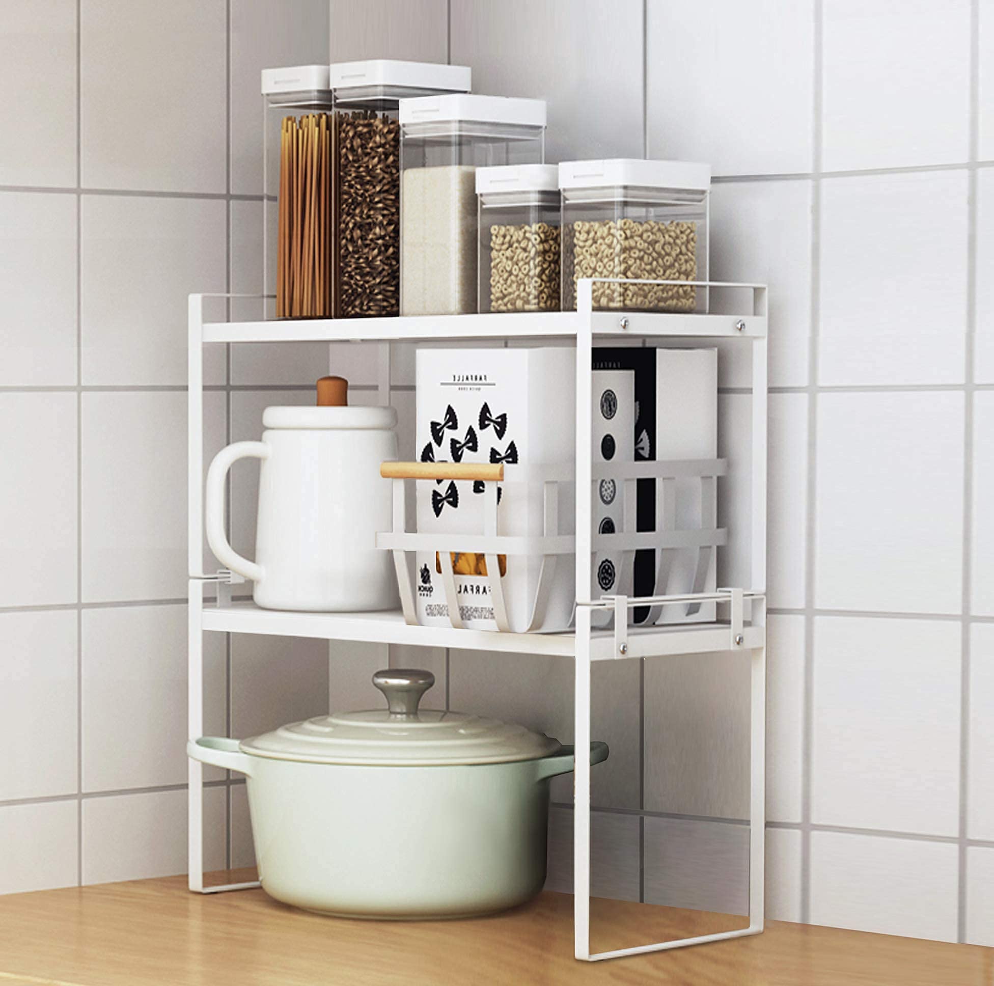 2 Pack Stackable Steel Frame Shelf Organizer - Rust Resistant & Non-Slip White Storage Rack for Kitchen Cabinet, Pantry, Bathroom, Bedroom & Office | Space Saving Counter & Desk Organizer for Home & Office Use