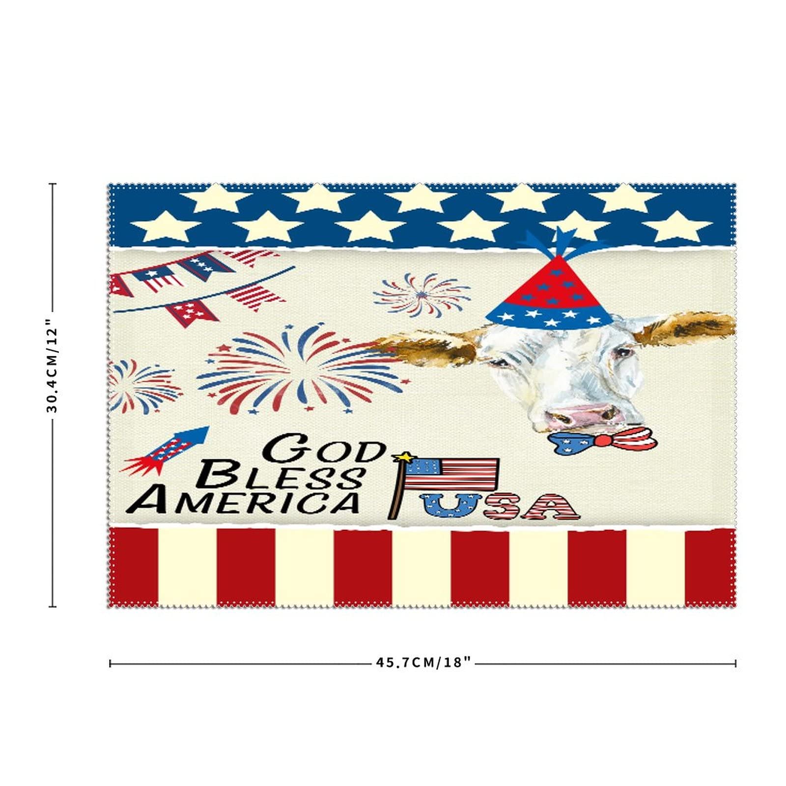 God Bless America Cow Farmhouse Placemats Set of 4 - Stain-Proof, Non-Slip & Heat Resistant - Patriotic American Flag Retro Table Decor for Dining, Kitchen & Banquet - Perfect for Memorial Day, 4th of July & Everyday Use