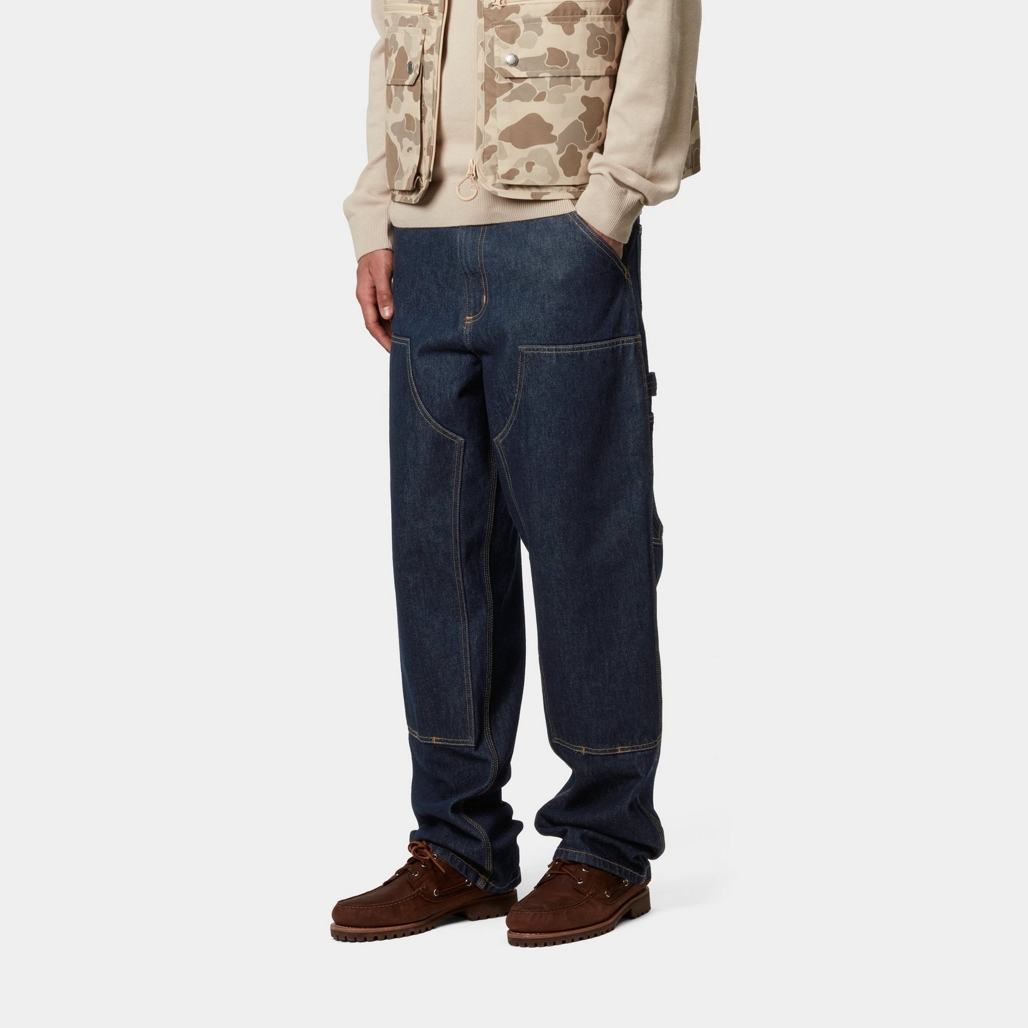 Men's Double Knee Work Pants - Heavy Duty Denim Jeans in Classic Blue (Rinsed Wash) for Construction, Carpentry & Outdoor Work