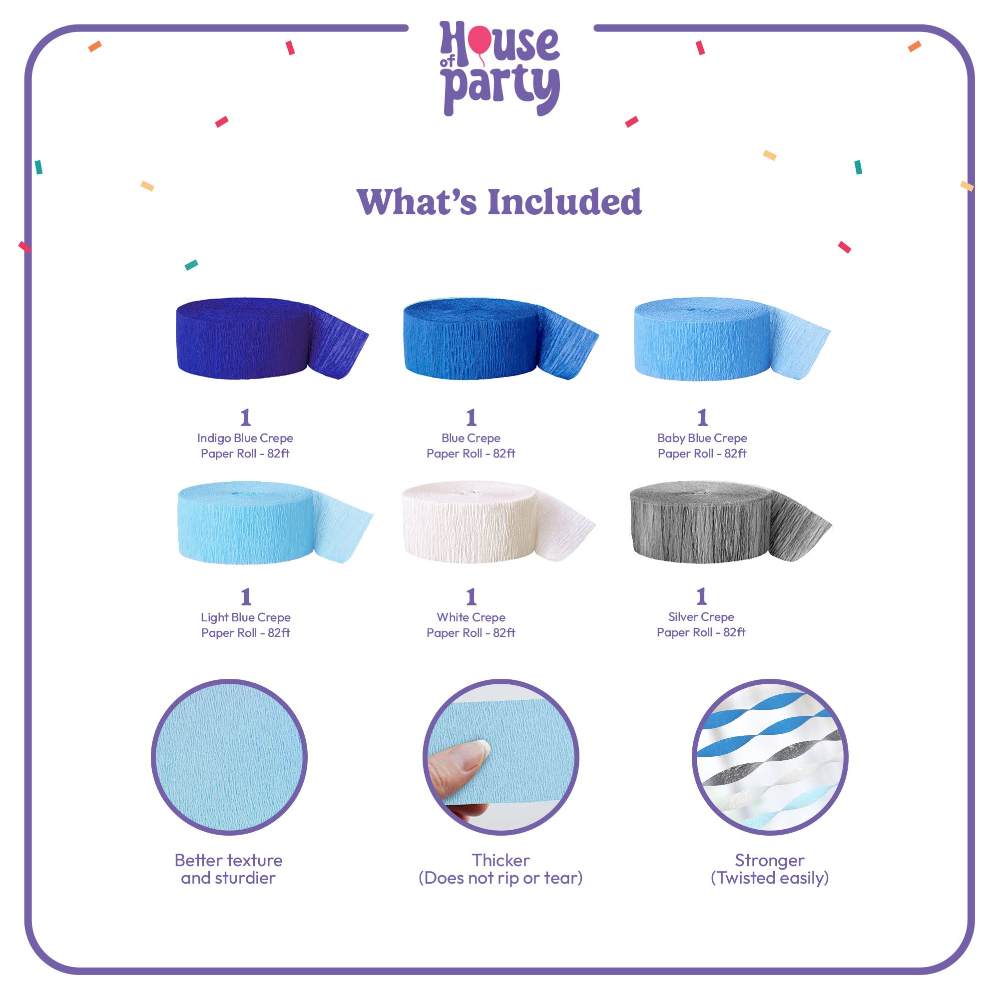 HOUSE OF PARTY Blue Skies Crepe Paper Streamers - 6 Rolls (492ft Total) 1.8
