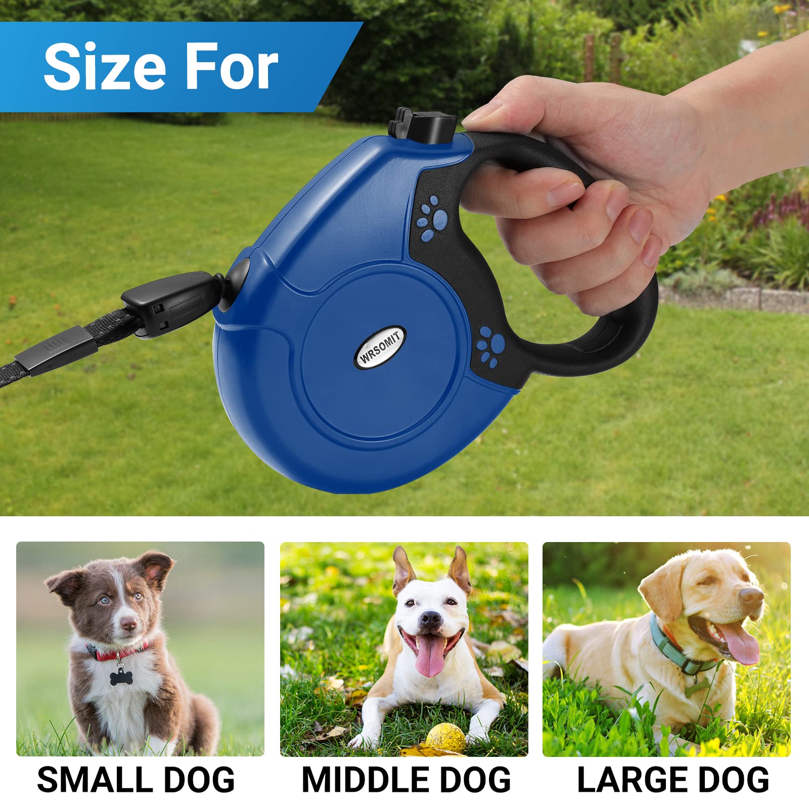 26FT Retractable Dog Leash - Heavy Duty Nylon Tape Leash for Small Medium Large Dogs up to 110lbs - Anti-Slip Handle & One-Handed Brake - 360° Tangle-Free Design (Blue) - Perfect for Walking, Running, Training and Outdoor Adventures with Your Pet