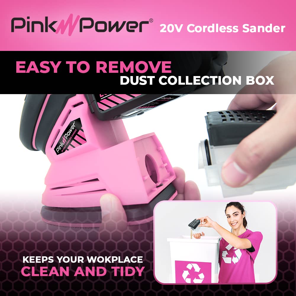 20V Cordless Electric Hand Sander - Pink Power Detail Sander for Woodworking & Furniture Repair | Mini Palm Sander with Sandpaper, 2 Li-Ion Batteries & Charger | Perfect for DIY Projects, Home Renovation & Small Woodworking Tasks