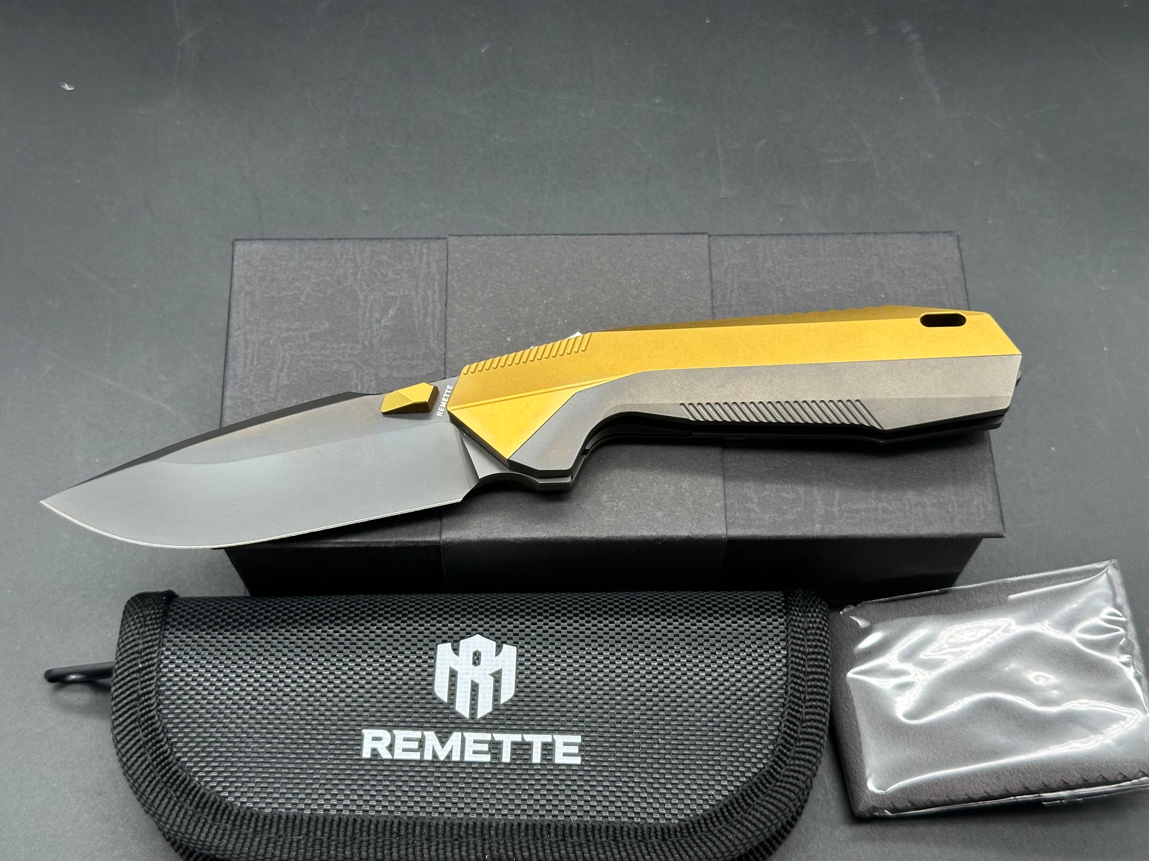 REMETTE RT WK1 G Folding Pocket Knife - Black DLC/Gold Titanium Handle, M390 Steel Drop Point Blade - EDC, Camping, Hunting & Outdoor Survival Tool