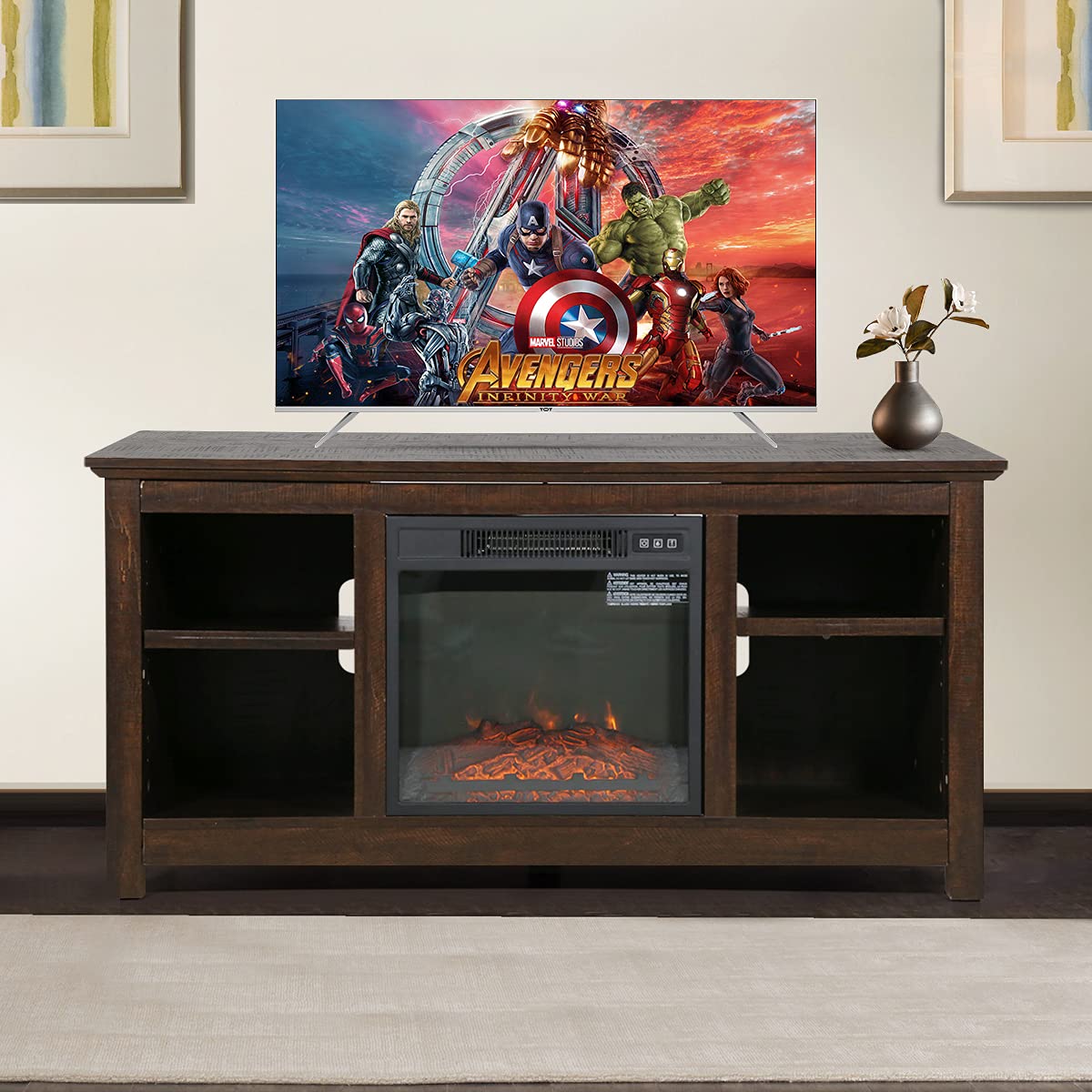 Electric Fireplace TV Stand with Media Shelves - 750W-1400W Heater, Dark Brown Wood Mantel Console with Storage Lockers - Perfect for Living Room Entertainment Center & Home Theater Setup