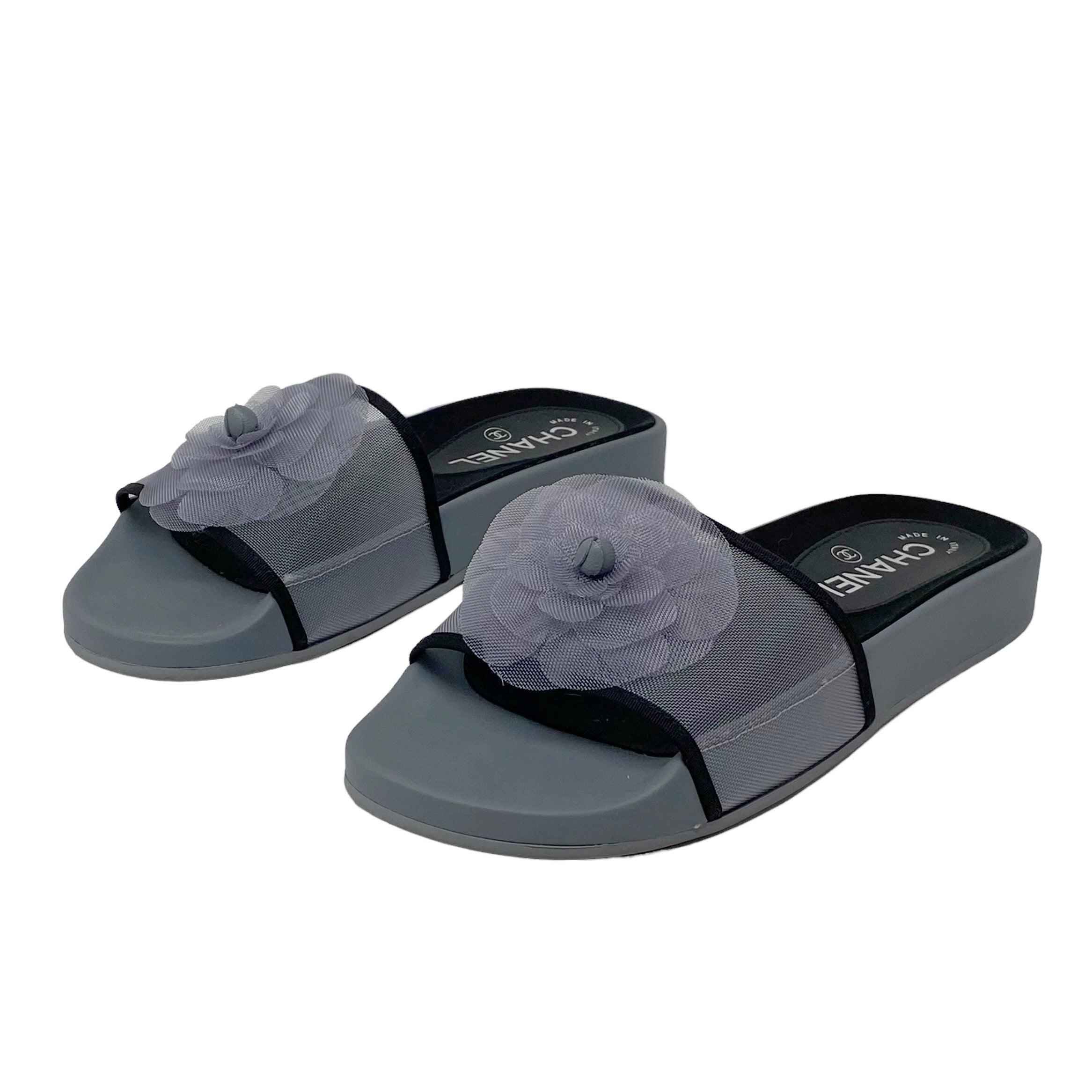 Chanel Gray Mesh Camellia Slides Size 36 - Women's Luxury Comfortable Summer Sandals for Beach, Pool & Casual Outings