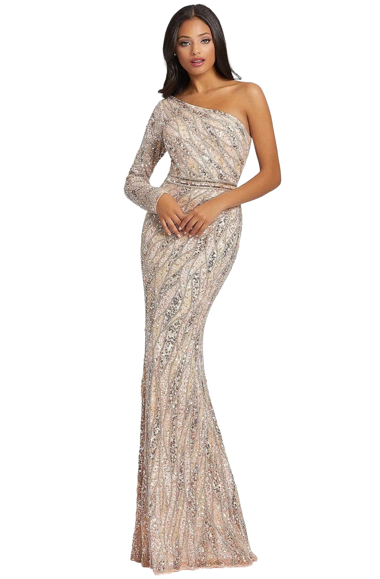 Mac Duggal Prom 4982M Asymmetrical Long Sleeve Sheath Gown in Rose Gold - Elegant Formal Evening Dress for Homecoming, Prom, Black Tie Events and Special Occasions
