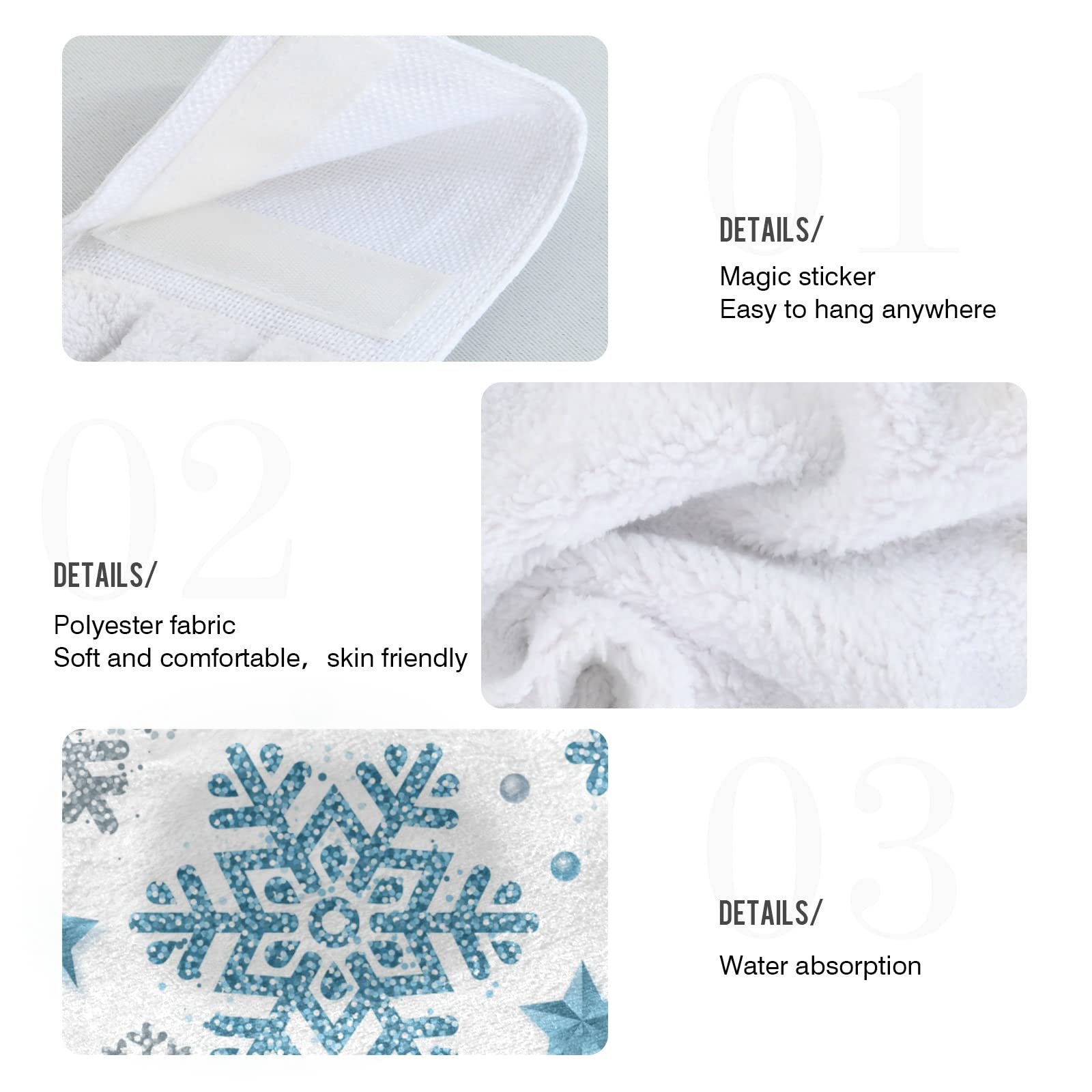 Christmas Silver & Blue Glitter Snowflake Star Hanging Kitchen Towels - 2 Pack Soft Absorbent Fast-Drying Hand & Dish Towels with Hook & Loop for Holiday Decor, Bathroom & Kitchen Cleaning