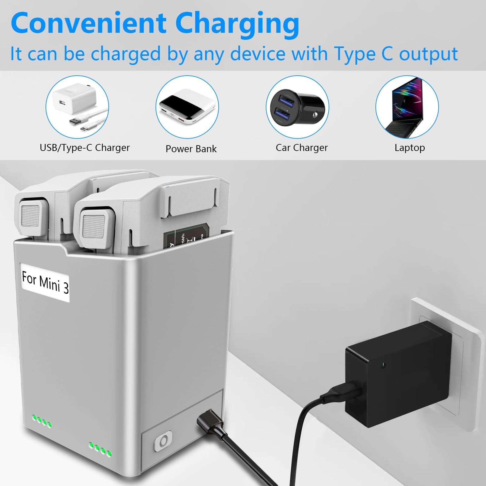 Fast Charging Hub for DJI Mini 3/Mini 4 Pro Drone Batteries - Portable Dual-Port Charger with Battery Level Indicator - Perfect for Travel & Outdoor Aerial Photography