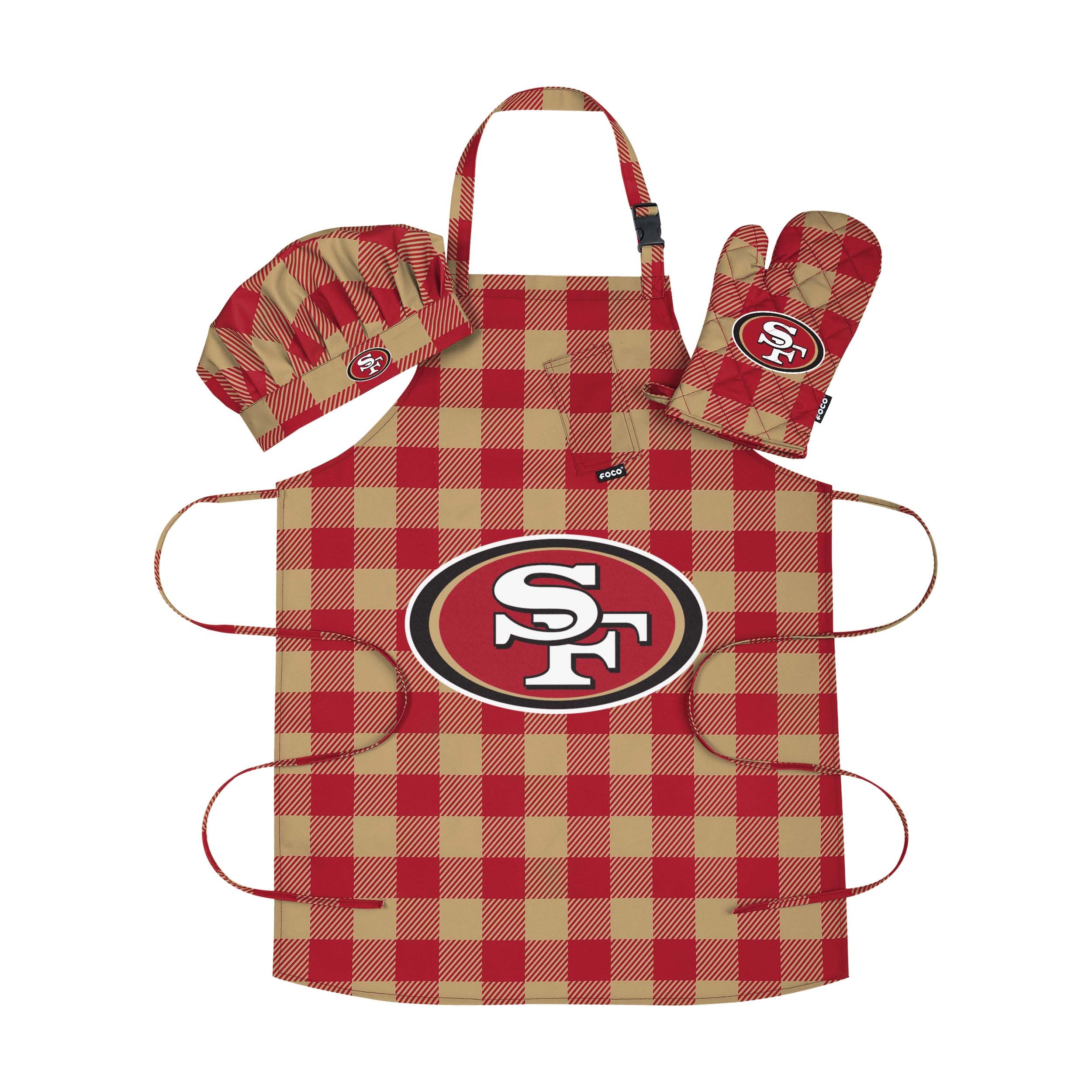 FOCO NFL Plaid Apron with Chef Hat & Oven Mitt 3-Piece Cooking Set - Perfect for Game Day Tailgating, BBQ Grilling & Kitchen Baking