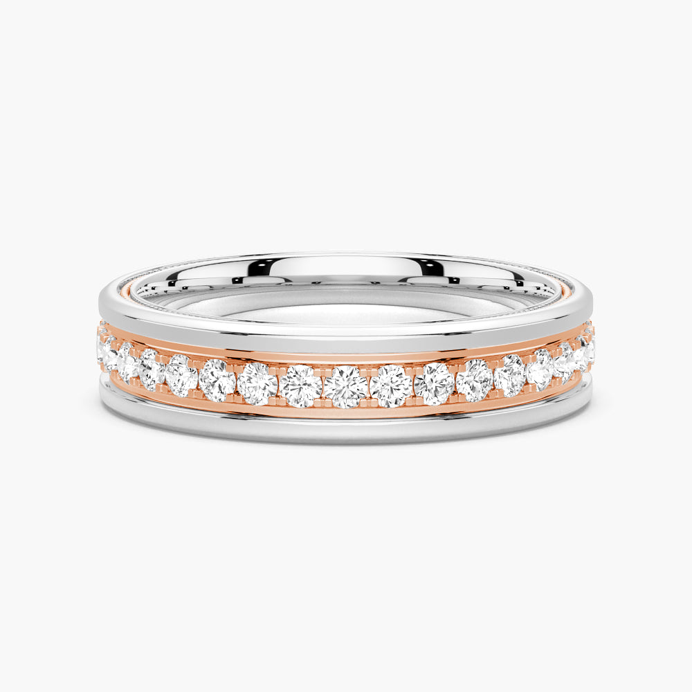 5.6mm Two Tone Round Moissanite Men's Eternity Wedding Band Ring - 14K White & Yellow Gold - Perfect for Anniversary, Engagement & Wedding Ceremonies